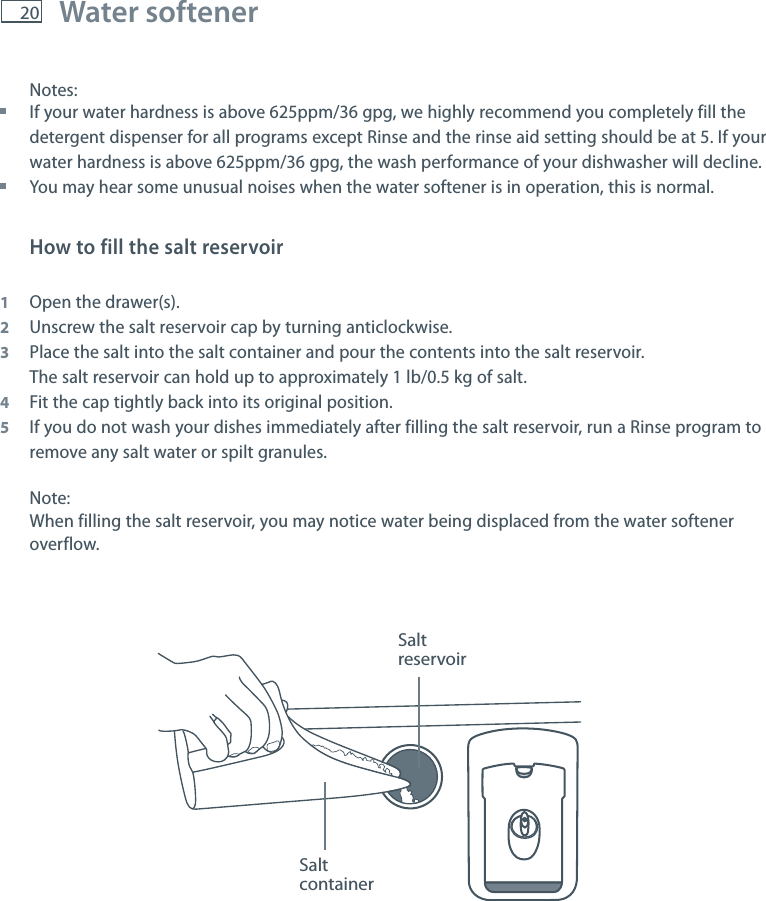 20 Water softener    Notes: If your water hardness is above 625ppm/36 gpg, we highly recommend you completely fill the detergent dispenser for all programs except Rinse and the rinse aid setting should be at 5. If your water hardness is above 625ppm/36 gpg, the wash performance of your dishwasher will decline. You may hear some unusual noises when the water softener is in operation, this is normal.How to fill the salt reservoir1  Open the drawer(s).2  Unscrew the salt reservoir cap by turning anticlockwise.3  Place the salt into the salt container and pour the contents into the salt reservoir.   The salt reservoir can hold up to approximately 1 lb/0.5 kg of salt.4  Fit the cap tightly back into its original position.5  If you do not wash your dishes immediately after filling the salt reservoir, run a Rinse program to remove any salt water or spilt granules.Note:When filling the salt reservoir, you may notice water being displaced from the water softener overflow.Salt containerSalt reservoir