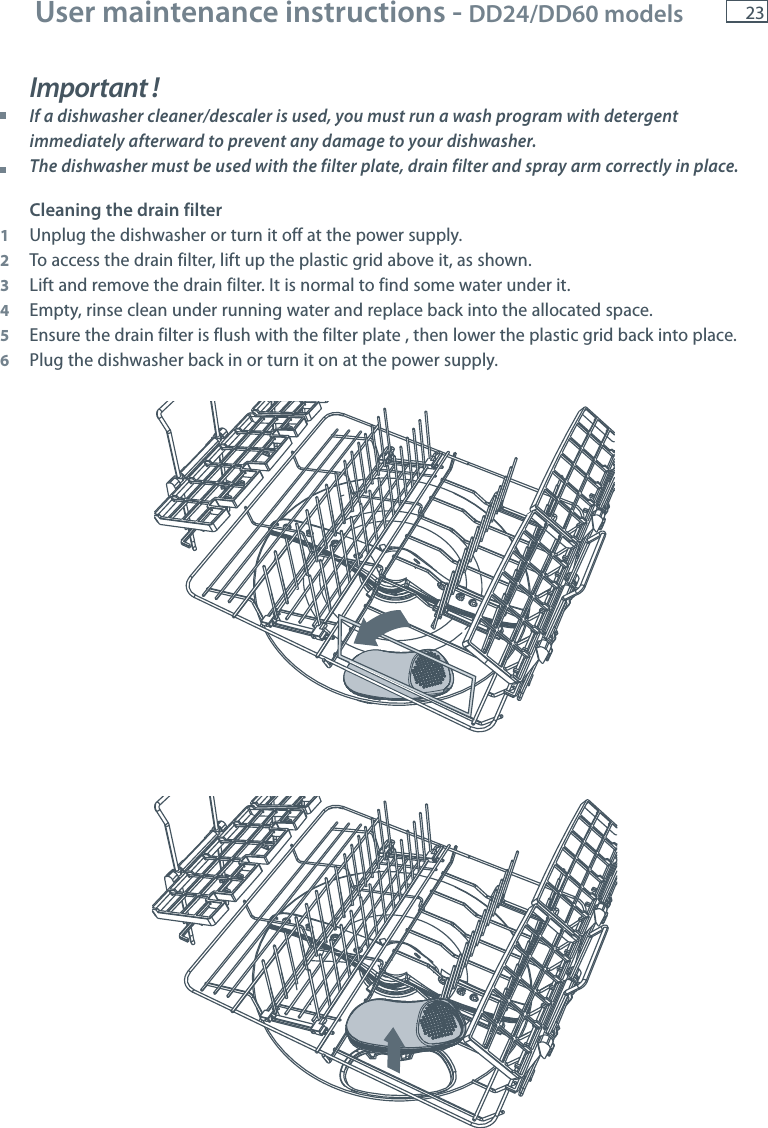 23User maintenance instructions - DD24/DD60 models Important ! If a dishwasher cleaner/descaler is used, you must run a wash program with detergent immediately afterward to prevent any damage to your dishwasher.  The dishwasher must be used with the filter plate, drain filter and spray arm correctly in place.Cleaning the drain filter1  Unplug the dishwasher or turn it off at the power supply.2  To access the drain filter, lift up the plastic grid above it, as shown.3  Lift and remove the drain filter. It is normal to find some water under it.4  Empty, rinse clean under running water and replace back into the allocated space. 5  Ensure the drain filter is flush with the filter plate , then lower the plastic grid back into place.6  Plug the dishwasher back in or turn it on at the power supply.
