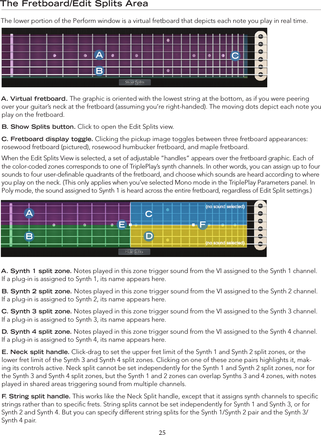 25The Fretboard/Edit Splits AreaThe lower portion of the Perform window is a virtual fretboard that depicts each note you play in real time.       A. Virtual fretboard. The graphic is oriented with the lowest string at the bottom, as if you were peering over your guitar’s neck at the fretboard (assuming you’re right-handed). The moving dots depict each note you play on the fretboard.B. Show Splits button. Click to open the Edit Splits view.C. Fretboard display toggle. Clicking the pickup image toggles between three fretboard appearances: rosewood fretboard (pictured), rosewood humbucker fretboard, and maple fretboard.When the Edit Splits View is selected, a set of adjustable “handles” appears over the fretboard graphic. Each of the color-coded zones corresponds to one of TriplePlay’s synth channels. In other words, you can assign up to four sounds to four user-deﬁnable quadrants of the fretboard, and choose which sounds are heard according to where you play on the neck. (This only applies when you’ve selected Mono mode in the TriplePlay Parameters panel. In Poly mode, the sound assigned to Synth 1 is heard across the entire fretboard, regardless of Edit Split settings.) A. Synth 1 split zone. Notes played in this zone trigger sound from the VI assigned to the Synth 1 channel.  If a plug-in is assigned to Synth 1, its name appears here. B. Synth 2 split zone. Notes played in this zone trigger sound from the VI assigned to the Synth 2 channel. If a plug-in is assigned to Synth 2, its name appears here.C. Synth 3 split zone. Notes played in this zone trigger sound from the VI assigned to the Synth 3 channel.  If a plug-in is assigned to Synth 3, its name appears here.D. Synth 4 split zone. Notes played in this zone trigger sound from the VI assigned to the Synth 4 channel.  If a plug-in is assigned to Synth 4, its name appears here.E. Neck split handle. Click-drag to set the upper fret limit of the Synth 1 and Synth 2 split zones, or the lower fret limit of the Synth 3 and Synth 4 split zones. Clicking on one of these zone pairs highlights it, mak-ing its controls active. Neck split cannot be set independently for the Synth 1 and Synth 2 split zones, nor for the Synth 3 and Synth 4 split zones, but the Synth 1 and 2 zones can overlap Synths 3 and 4 zones, with notes played in shared areas triggering sound from multiple channels.F. String split handle. This works like the Neck Split handle, except that it assigns synth channels to speciﬁc strings rather than to speciﬁc frets. String splits cannot be set independently for Synth 1 and Synth 3, or for Synth 2 and Synth 4. But you can specify different string splits for the Synth 1/Synth 2 pair and the Synth 3/Synth 4 pair.ABCABCDE F