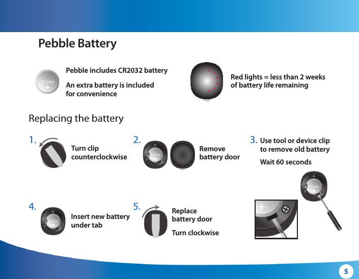 5Pebble BatteryReplacing the batteryPebble includes CR2032 batteryAn extra battery is included  for convenienceTurn clip  counterclockwiseInsert new battery under tabReplace  battery doorTurn clockwiseRemove  battery doorUse tool or device clip to remove old battery Wait 60 secondsRed lights = less than 2 weeks  of battery life remaining1. 4. 2. 5. 3. CR 2032+CR 2032+CR 2032+CR 2032+CR 2032+