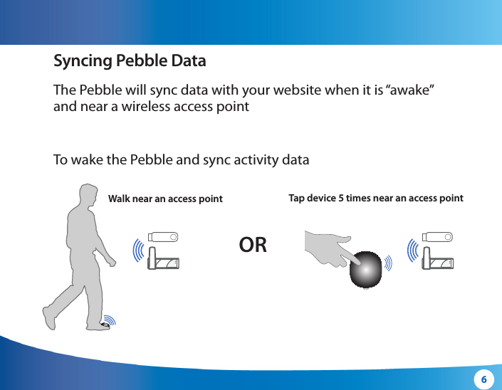 6Syncing Pebble DataThe Pebble will sync data with your website when it is “awake” and near a wireless access pointTap device 5 times near an access pointWalk near an access pointORWghtBPBPWghtBPBPTo wake the Pebble and sync activity data