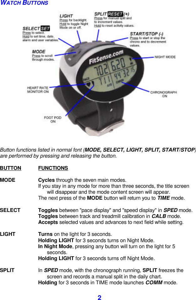  2 WATCH BUTTONS   Button functions listed in normal font (MODE, SELECT, LIGHT, SPLIT, START/STOP) are performed by pressing and releasing the button.   BUTTON FUNCTIONS  MODE Cycles through the seven main modes.    If you stay in any mode for more than three seconds, the title screen    will disappear and the mode content screen will appear.  The next press of the MODE button will return you to TIME mode.  SELECT Toggles between &quot;pace display&quot; and &quot;speed display&quot; in SPED mode.  Toggles between track and treadmill calibration in CALB mode.  Accepts selected values and advances to next field while setting.  LIGHT Turns on the light for 3 seconds.  Holding LIGHT for 3 seconds turns on Night Mode.  In Night Mode, pressing any button will turn on the light for 5    seconds.    Holding LIGHT for 3 seconds turns off Night Mode.  SPLIT In SPED mode, with the chronograph running, SPLIT freezes the    screen and records a manual split in the daily chart.  Holding for 3 seconds in TIME mode launches COMM mode.  