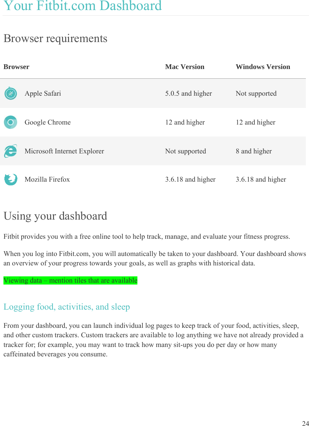 24  Your Fitbit.com Dashboard Browser requirements Browser    Mac Version  Windows Version  Apple Safari  5.0.5 and higher  Not supported  Google Chrome  12 and higher  12 and higher  Microsoft Internet Explorer  Not supported  8 and higher  Mozilla Firefox  3.6.18 and higher  3.6.18 and higher Using your dashboard Fitbit provides you with a free online tool to help track, manage, and evaluate your fitness progress. When you log into Fitbit.com, you will automatically be taken to your dashboard. Your dashboard shows an overview of your progress towards your goals, as well as graphs with historical data.  Viewing data – mention tiles that are available Logging food, activities, and sleep From your dashboard, you can launch individual log pages to keep track of your food, activities, sleep, and other custom trackers. Custom trackers are available to log anything we have not already provided a tracker for; for example, you may want to track how many sit-ups you do per day or how many caffeinated beverages you consume.  