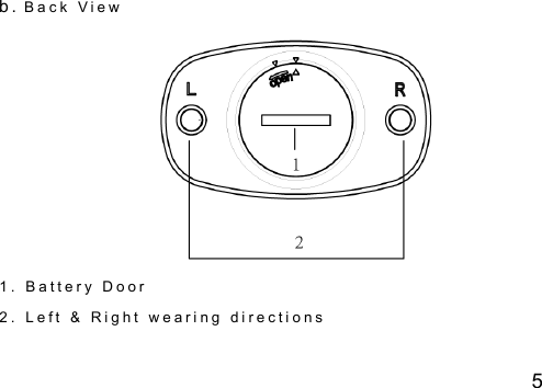 5 b .  B a c k   V i e w  1 .   B a t t e r y   D o o r  2 .   L e f t   &amp;   R i g h t   w e a r i n g   d i r e c t i o n s  