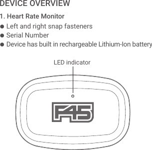 ● Left and right snap fasteners● Serial Number● Device has built in rechargeable Lithium-Ion battery1. Heart Rate MonitorDEVICE OVERVIEW    LED indicator