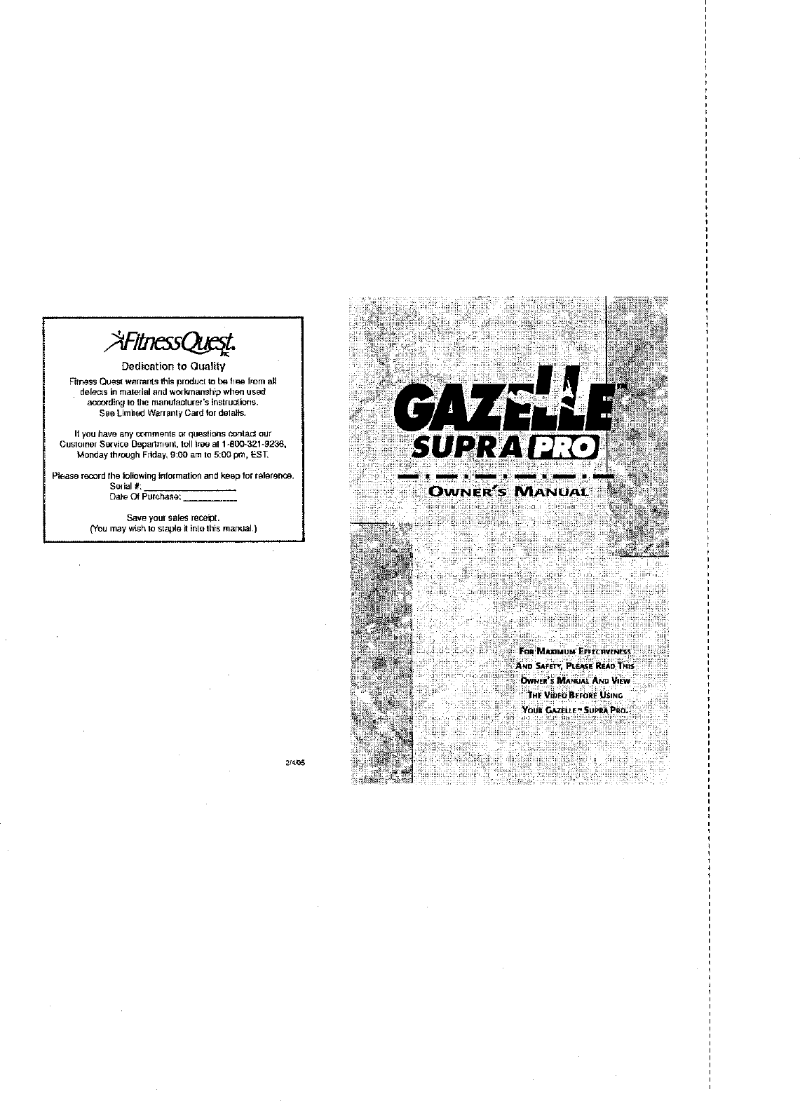 Fitness Quest 562145002 User Manual GAZELLE SUPRA PRO Manuals And
