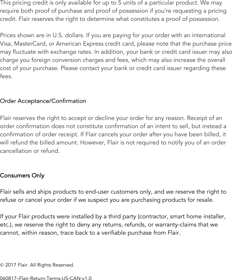 Page 3 of 3 - FLAIR SALES & REFUND TERMS AND CONDITIONS (TERMS)  RETURN