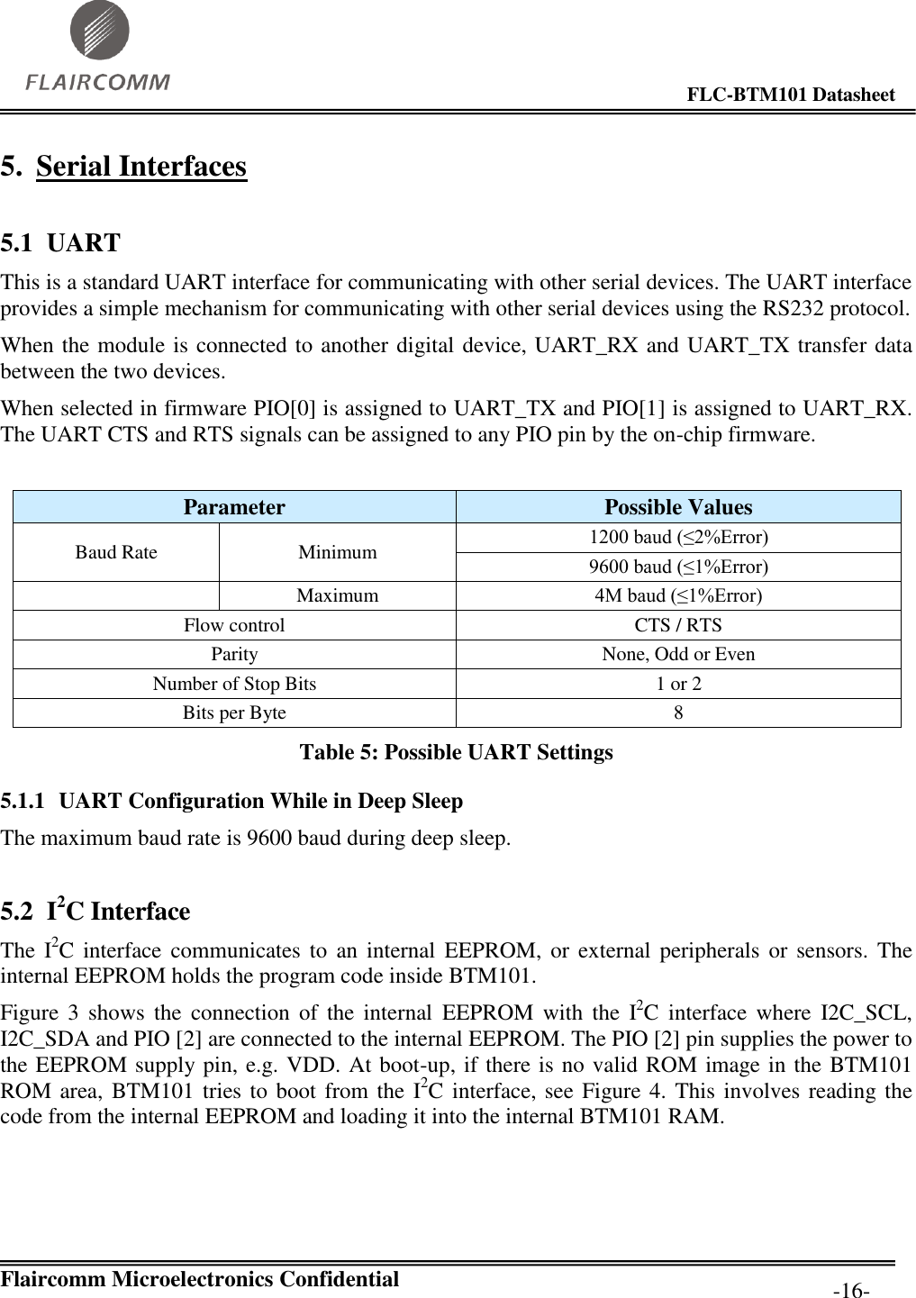                                                                                        FLC-BTM101 Datasheet   Flaircomm Microelectronics Confidential         -16- 5. Serial Interfaces 5.1 UART This is a standard UART interface for communicating with other serial devices. The UART interface provides a simple mechanism for communicating with other serial devices using the RS232 protocol. When the module is connected to another digital device, UART_RX and UART_TX transfer data between the two devices. When selected in firmware PIO[0] is assigned to UART_TX and PIO[1] is assigned to UART_RX.  The UART CTS and RTS signals can be assigned to any PIO pin by the on-chip firmware.   Parameter Possible Values Baud Rate Minimum 1200 baud (≤2%Error) 9600 baud (≤1%Error)  Maximum 4M baud (≤1%Error) Flow control CTS / RTS Parity None, Odd or Even Number of Stop Bits 1 or 2 Bits per Byte 8 Table 5: Possible UART Settings 5.1.1 UART Configuration While in Deep Sleep The maximum baud rate is 9600 baud during deep sleep. 5.2 I2C Interface The  I2C interface  communicates to  an  internal  EEPROM,  or  external  peripherals or  sensors.  The internal EEPROM holds the program code inside BTM101. Figure 3  shows  the  connection  of  the  internal  EEPROM  with  the  I2C  interface  where  I2C_SCL, I2C_SDA and PIO [2] are connected to the internal EEPROM. The PIO [2] pin supplies the power to the EEPROM supply pin, e.g. VDD. At boot-up, if there is no valid ROM image in the BTM101 ROM area, BTM101 tries to boot from the I2C interface, see Figure 4. This involves reading the code from the internal EEPROM and loading it into the internal BTM101 RAM. 