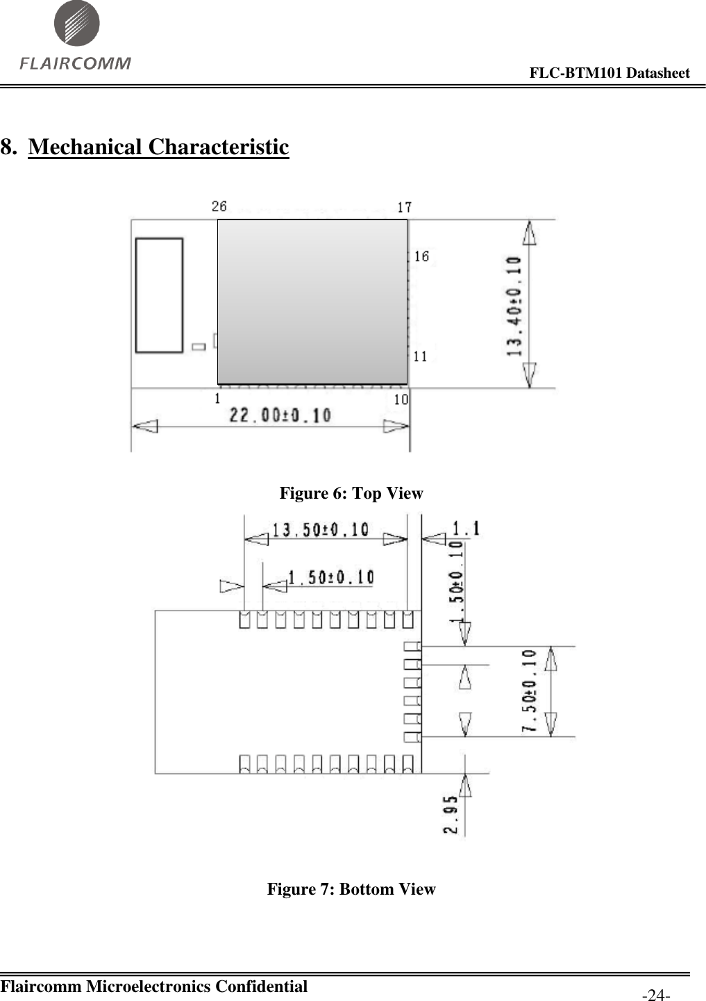                                                                                        FLC-BTM101 Datasheet   Flaircomm Microelectronics Confidential         -24- 8. Mechanical Characteristic   Figure 6: Top View    Figure 7: Bottom View 