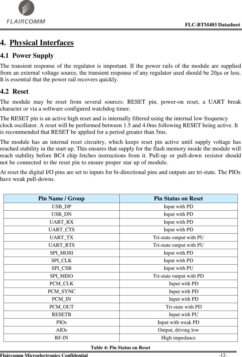                                                                                                            FLC-BTM403 Datasheet  Flaircomm Microelectronics Confidential        -12- 4. Physical Interfaces 4.1 Power Supply The transient response of the regulator is important. If the power rails of the module are supplied from an external voltage source, the transient response of any regulator used should be 20μs or less. It is essential that the power rail recovers quickly. 4.2 Reset The  module  may  be  reset  from  several  sources:  RESET  pin,  power-on  reset,  a  UART  break character or via a software configured watchdog timer. The RESET pin is an active high reset and is internally filtered using the internal low frequency clock oscillator. A reset will be performed between 1.5 and 4.0ms following RESET being active. It is recommended that RESET be applied for a period greater than 5ms. The module has  an  internal  reset  circuitry, which  keeps  reset  pin active  until  supply voltage  has reached stability in the start up. This ensures that supply for the flash memory inside the module will reach stability before BC4 chip fetches instructions from it. Pull-up  or  pull-down resistor should not be connected to the reset pin to ensure proper star up of module. At reset the digital I/O pins are set to inputs for bi-directional pins and outputs are tri-state. The PIOs have weak pull-downs.  Pin Name / Group Pin Status on Reset USB_DP Input with PD USB_DN Input with PD UART_RX Input with PD UART_CTS Input with PD UART_TX Tri-state output with PU UART_RTS Tri-state output with PU SPI_MOSI Input with PD SPI_CLK Input with PD SPI_CSB Input with PU SPI_MISO Tri-state output with PD PCM_CLK Input with PD PCM_SYNC Input with PD PCM_IN Input with PD PCM_OUT Tri-state with PD RESETB Input with PU PIOs Input with weak PD AIOs Output, driving low RF-IN High impedance Table 4: Pin Status on Reset 