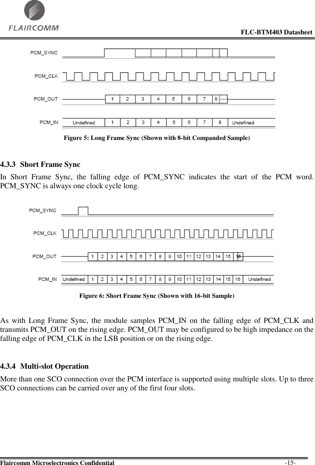                                                                                                            FLC-BTM403 Datasheet  Flaircomm Microelectronics Confidential        -15-  Figure 5: Long Frame Sync (Shown with 8-bit Companded Sample)  4.3.3 Short Frame Sync In  Short  Frame  Sync,  the  falling  edge  of  PCM_SYNC  indicates  the  start  of  the  PCM  word. PCM_SYNC is always one clock cycle long.   Figure 6: Short Frame Sync (Shown with 16-bit Sample)  As with  Long Frame Sync,  the module  samples  PCM_IN  on  the  falling edge of PCM_CLK and transmits PCM_OUT on the rising edge. PCM_OUT may be configured to be high impedance on the falling edge of PCM_CLK in the LSB position or on the rising edge.  4.3.4 Multi-slot Operation More than one SCO connection over the PCM interface is supported using multiple slots. Up to three SCO connections can be carried over any of the first four slots.  