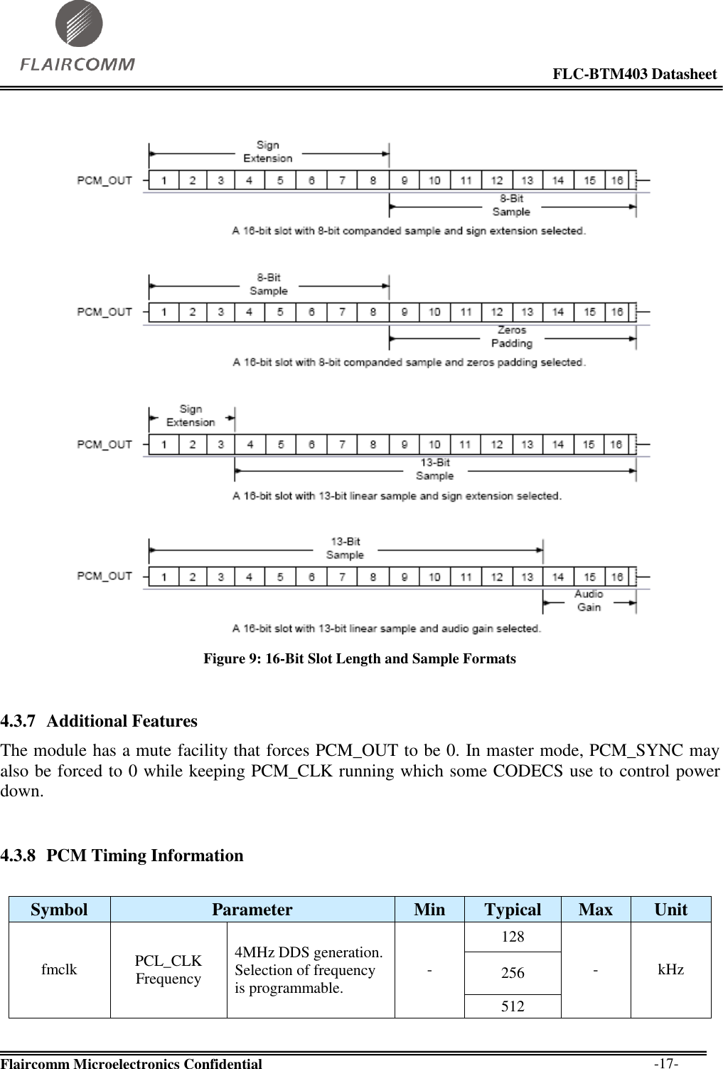                                                                                                            FLC-BTM403 Datasheet  Flaircomm Microelectronics Confidential        -17-   Figure 9: 16-Bit Slot Length and Sample Formats  4.3.7 Additional Features The module has a mute facility that forces PCM_OUT to be 0. In master mode, PCM_SYNC may also be forced to 0 while keeping PCM_CLK running which some CODECS use to control power down.  4.3.8 PCM Timing Information  Symbol Parameter Min Typical Max Unit fmclk PCL_CLK Frequency 4MHz DDS generation. Selection of frequency is programmable. - 128 - kHz 256 512 