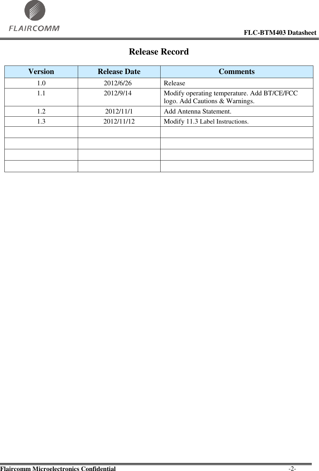                                                                                                            FLC-BTM403 Datasheet  Flaircomm Microelectronics Confidential        -2- Release Record  Version  Release Date Comments 1.0      2012/6/26 Release 1.1      2012/9/14 Modify operating temperature. Add BT/CE/FCC logo. Add Cautions &amp; Warnings. 1.2 2012/11/1 Add Antenna Statement. 1.3 2012/11/12 Modify 11.3 Label Instructions.               