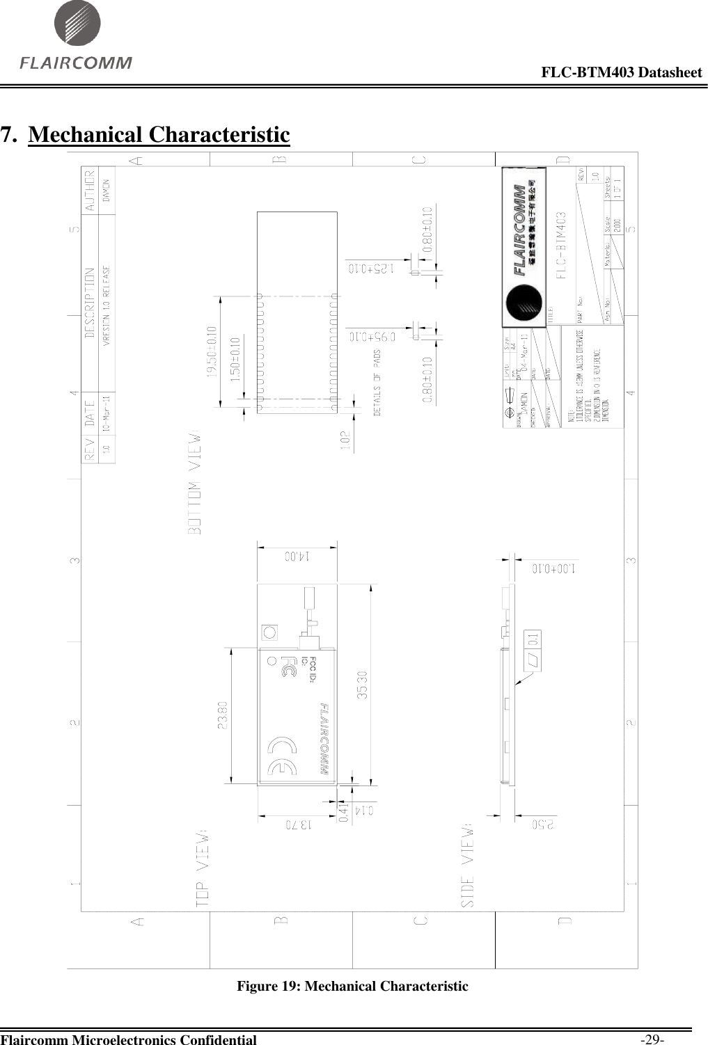                                                                                                            FLC-BTM403 Datasheet  Flaircomm Microelectronics Confidential        -29- 7. Mechanical Characteristic  Figure 19: Mechanical Characteristic 