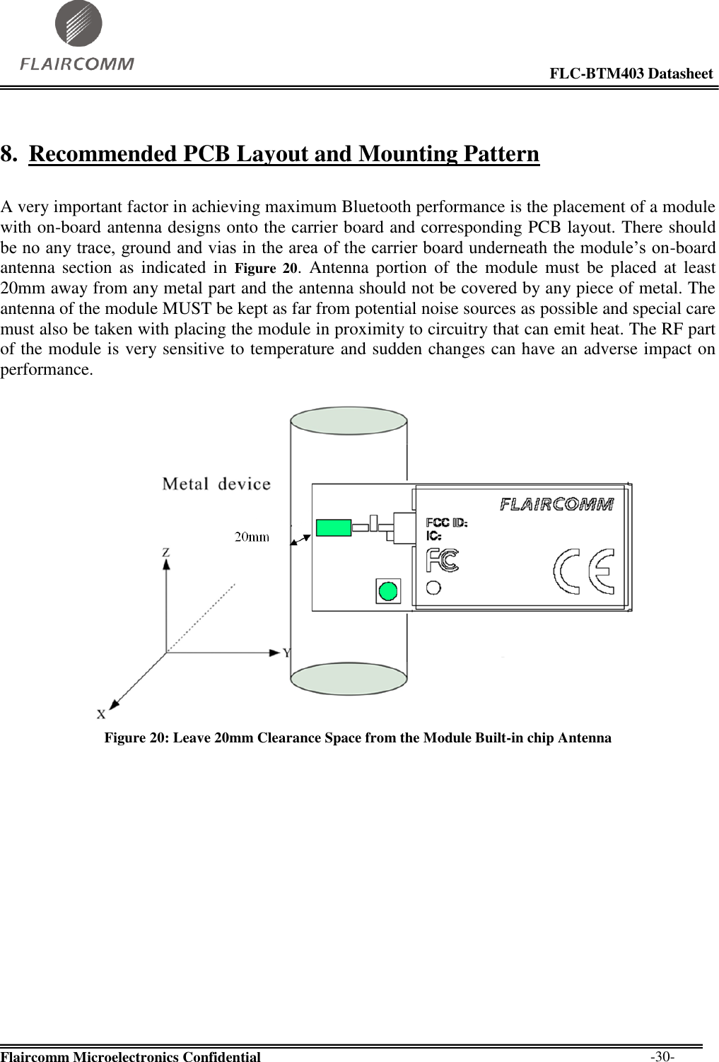                                                                                                            FLC-BTM403 Datasheet  Flaircomm Microelectronics Confidential        -30- 8. Recommended PCB Layout and Mounting Pattern  A very important factor in achieving maximum Bluetooth performance is the placement of a module with on-board antenna designs onto the carrier board and corresponding PCB layout. There should be no any trace, ground and vias in the area of the carrier board underneath the module’s on-board antenna section  as  indicated  in  Figure  20.  Antenna  portion  of  the  module  must  be  placed  at  least 20mm away from any metal part and the antenna should not be covered by any piece of metal. The antenna of the module MUST be kept as far from potential noise sources as possible and special care must also be taken with placing the module in proximity to circuitry that can emit heat. The RF part of the module is very sensitive to temperature and sudden changes can have an adverse impact on performance.  Figure 20: Leave 20mm Clearance Space from the Module Built-in chip Antenna 