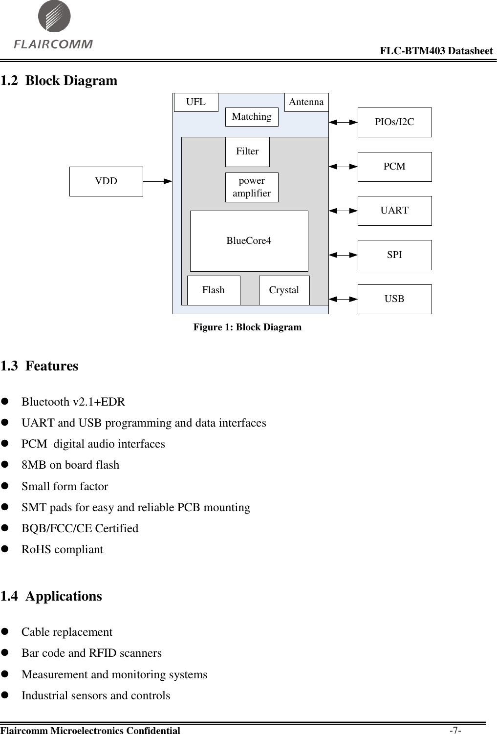                                                                                                            FLC-BTM403 Datasheet  Flaircomm Microelectronics Confidential        -7- 1.2 Block Diagram VDDPCMUARTPIOs/I2CAntennaFlash CrystalBlueCore4poweramplifierSPIUSBFilterUFLMatching Figure 1: Block Diagram 1.3 Features   Bluetooth v2.1+EDR  UART and USB programming and data interfaces  PCM  digital audio interfaces  8MB on board flash  Small form factor  SMT pads for easy and reliable PCB mounting  BQB/FCC/CE Certified  RoHS compliant 1.4 Applications   Cable replacement  Bar code and RFID scanners  Measurement and monitoring systems  Industrial sensors and controls 