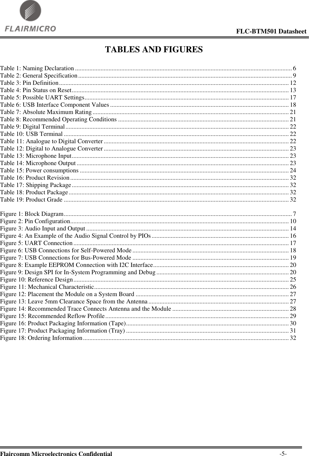                                                                                                             FLC-BTM501 Datasheet  Flaircomm Microelectronics Confidential        -5- TABLES AND FIGURES  Table 1: Naming Declaration ........................................................................................................................................ 6 Table 2: General Specification ...................................................................................................................................... 9 Table 3: Pin Definition ................................................................................................................................................ 12 Table 4: Pin Status on Reset ........................................................................................................................................ 13 Table 5: Possible UART Settings ................................................................................................................................ 17 Table 6: USB Interface Component Values ................................................................................................................ 18 Table 7: Absolute Maximum Rating ........................................................................................................................... 21 Table 8: Recommended Operating Conditions ........................................................................................................... 21 Table 9: Digital Terminal ............................................................................................................................................ 22 Table 10: USB Terminal ............................................................................................................................................. 22 Table 11: Analogue to Digital Converter .................................................................................................................... 22 Table 12: Digital to Analogue Converter .................................................................................................................... 23 Table 13: Microphone Input ........................................................................................................................................ 23 Table 14: Microphone Output ..................................................................................................................................... 23 Table 15: Power consumptions ................................................................................................................................... 24 Table 16: Product Revision ......................................................................................................................................... 32 Table 17: Shipping Package ........................................................................................................................................ 32 Table 18: Product Package .......................................................................................................................................... 32 Table 19: Product Grade ............................................................................................................................................. 32  Figure 1: Block Diagram ............................................................................................................................................... 7 Figure 2: Pin Configuration......................................................................................................................................... 10 Figure 3: Audio Input and Output ............................................................................................................................... 14 Figure 4: An Example of the Audio Signal Control by PIOs ...................................................................................... 16 Figure 5: UART Connection ....................................................................................................................................... 17 Figure 6: USB Connections for Self-Powered Mode .................................................................................................. 18 Figure 7: USB Connections for Bus-Powered Mode .................................................................................................. 19 Figure 8: Example EEPROM Connection with I2C Interface..................................................................................... 20 Figure 9: Design SPI for In-System Programming and Debug ................................................................................... 20 Figure 10: Reference Design ....................................................................................................................................... 25 Figure 11: Mechanical Characteristic .......................................................................................................................... 26 Figure 12: Placement the Module on a System Board ................................................................................................ 27 Figure 13: Leave 5mm Clearance Space from the Antenna ........................................................................................ 27 Figure 14: Recommended Trace Connects Antenna and the Module ......................................................................... 28 Figure 15: Recommended Reflow Profile ................................................................................................................... 29 Figure 16: Product Packaging Information (Tape) ...................................................................................................... 30 Figure 17: Product Packaging Information (Tray) ...................................................................................................... 31 Figure 18: Ordering Information ................................................................................................................................. 32  