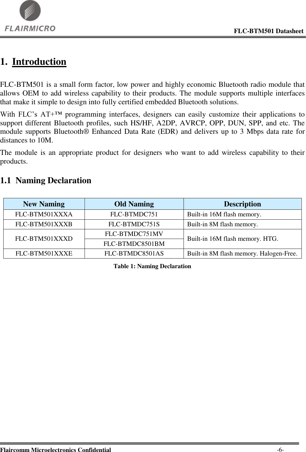                                                                                                             FLC-BTM501 Datasheet  Flaircomm Microelectronics Confidential        -6- 1. Introduction  FLC-BTM501 is a small form factor, low power and highly economic Bluetooth radio module that allows OEM to add wireless capability to their products. The module supports multiple interfaces that make it simple to design into fully certified embedded Bluetooth solutions.  With  FLC’s  AT+™  programming  interfaces,  designers  can easily  customize  their  applications  to support different Bluetooth profiles, such HS/HF, A2DP, AVRCP, OPP, DUN, SPP, and etc. The module supports Bluetooth® Enhanced Data Rate (EDR) and delivers up to 3 Mbps data rate for distances to 10M. The  module  is  an  appropriate product  for  designers  who  want  to  add  wireless  capability to  their products. 1.1 Naming Declaration  New Naming Old Naming Description FLC-BTM501XXXA FLC-BTMDC751 Built-in 16M flash memory. FLC-BTM501XXXB FLC-BTMDC751S Built-in 8M flash memory. FLC-BTM501XXXD FLC-BTMDC751MV Built-in 16M flash memory. HTG. FLC-BTMDC8501BM FLC-BTM501XXXE FLC-BTMDC8501AS Built-in 8M flash memory. Halogen-Free. Table 1: Naming Declaration 