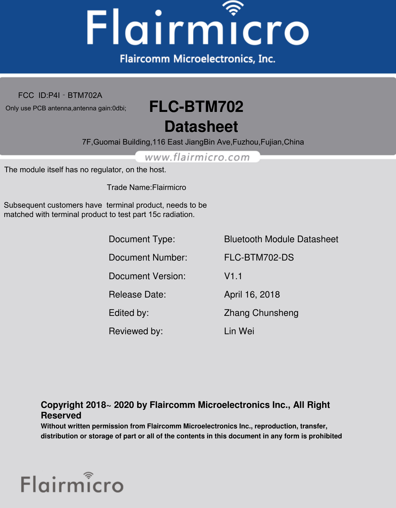 Page 1 of Flaircomm Microelectronics BTM702A Bluetooth Module  BT5.0 User Manual