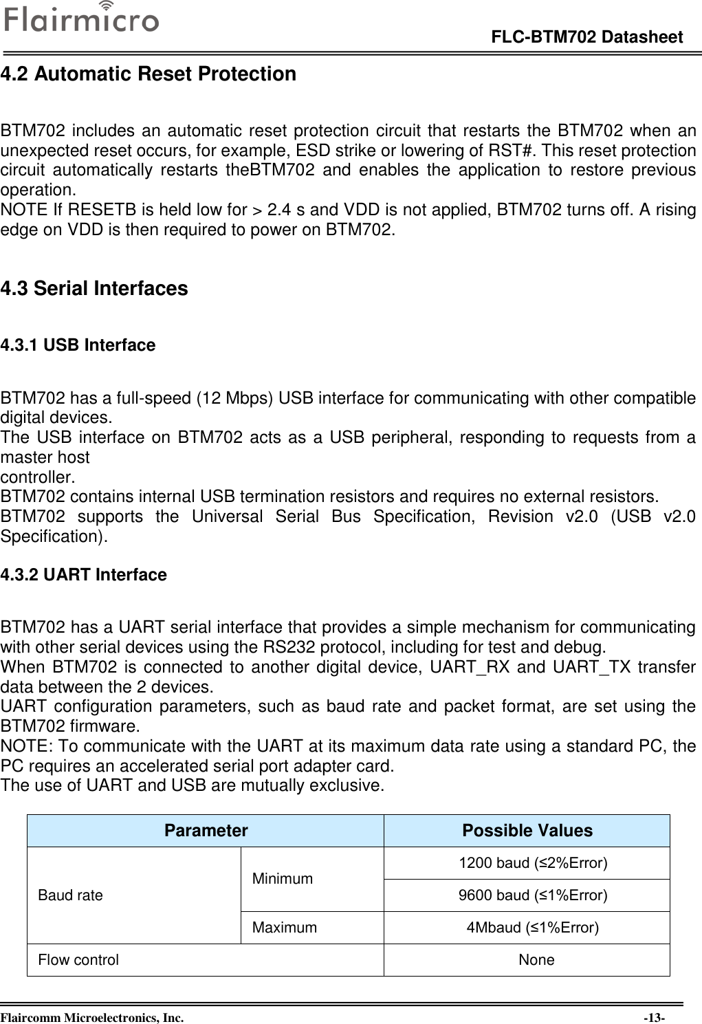 Page 13 of Flaircomm Microelectronics BTM702A Bluetooth Module  BT5.0 User Manual