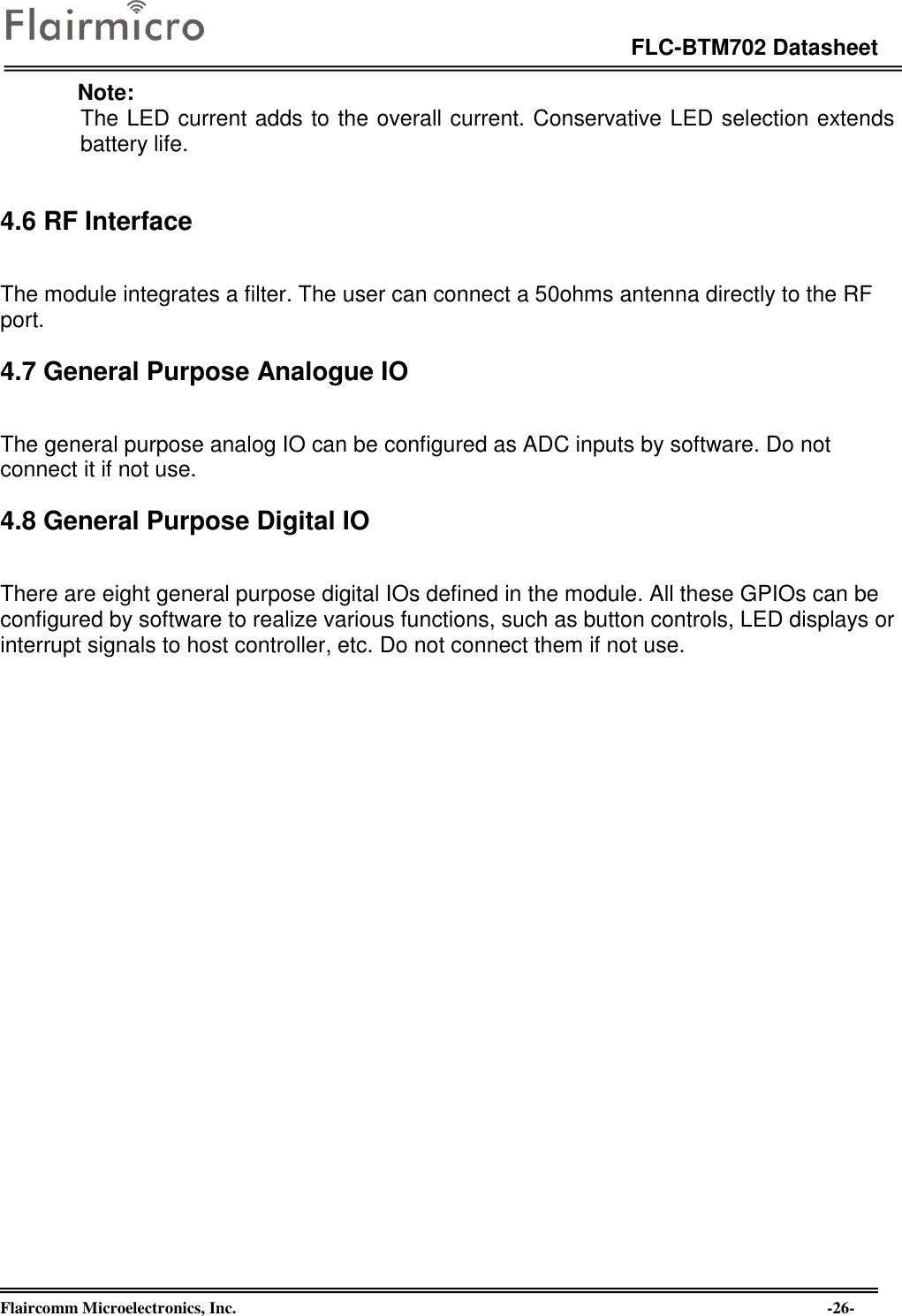 Page 26 of Flaircomm Microelectronics BTM702A Bluetooth Module  BT5.0 User Manual