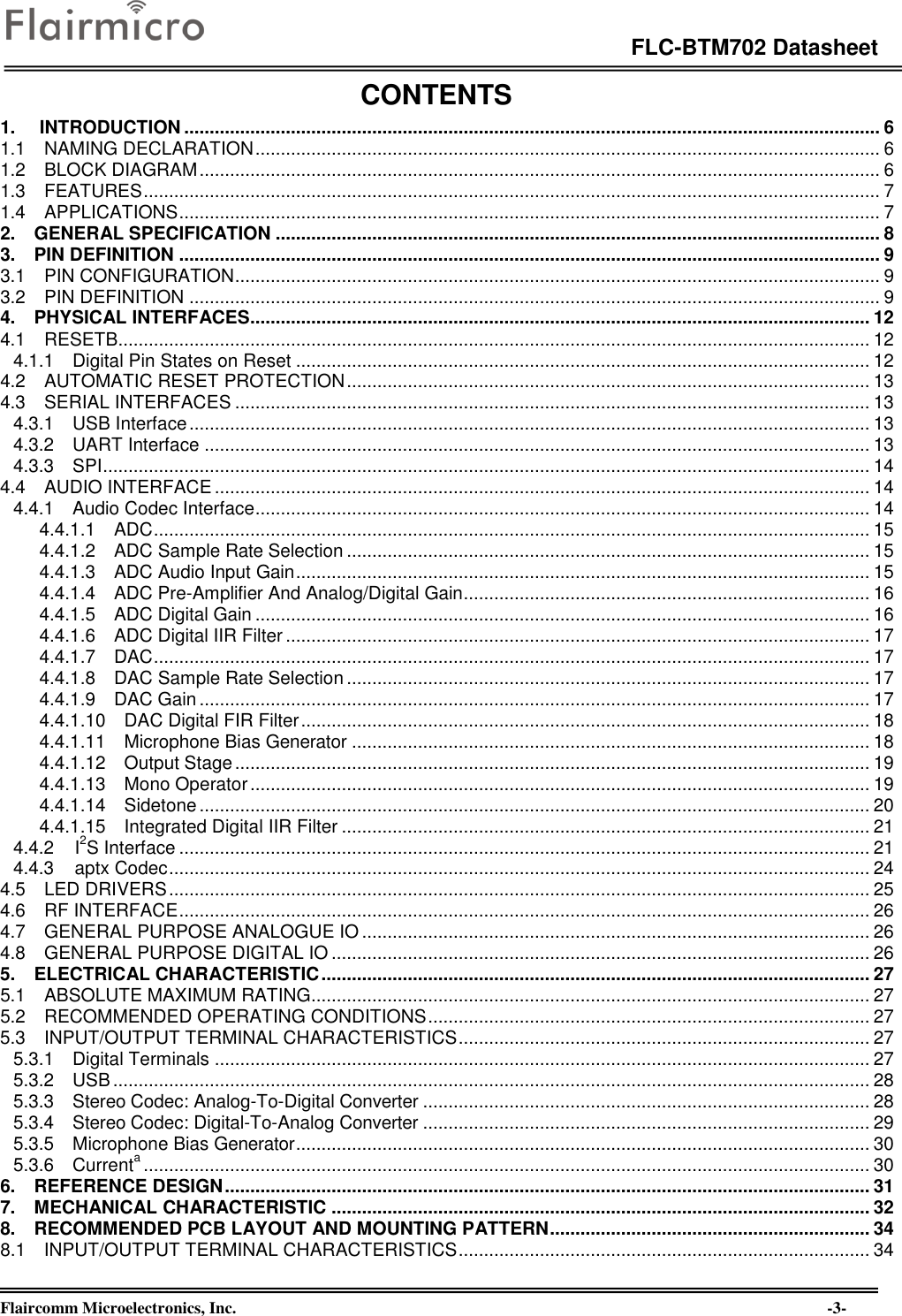 Page 3 of Flaircomm Microelectronics BTM702A Bluetooth Module  BT5.0 User Manual