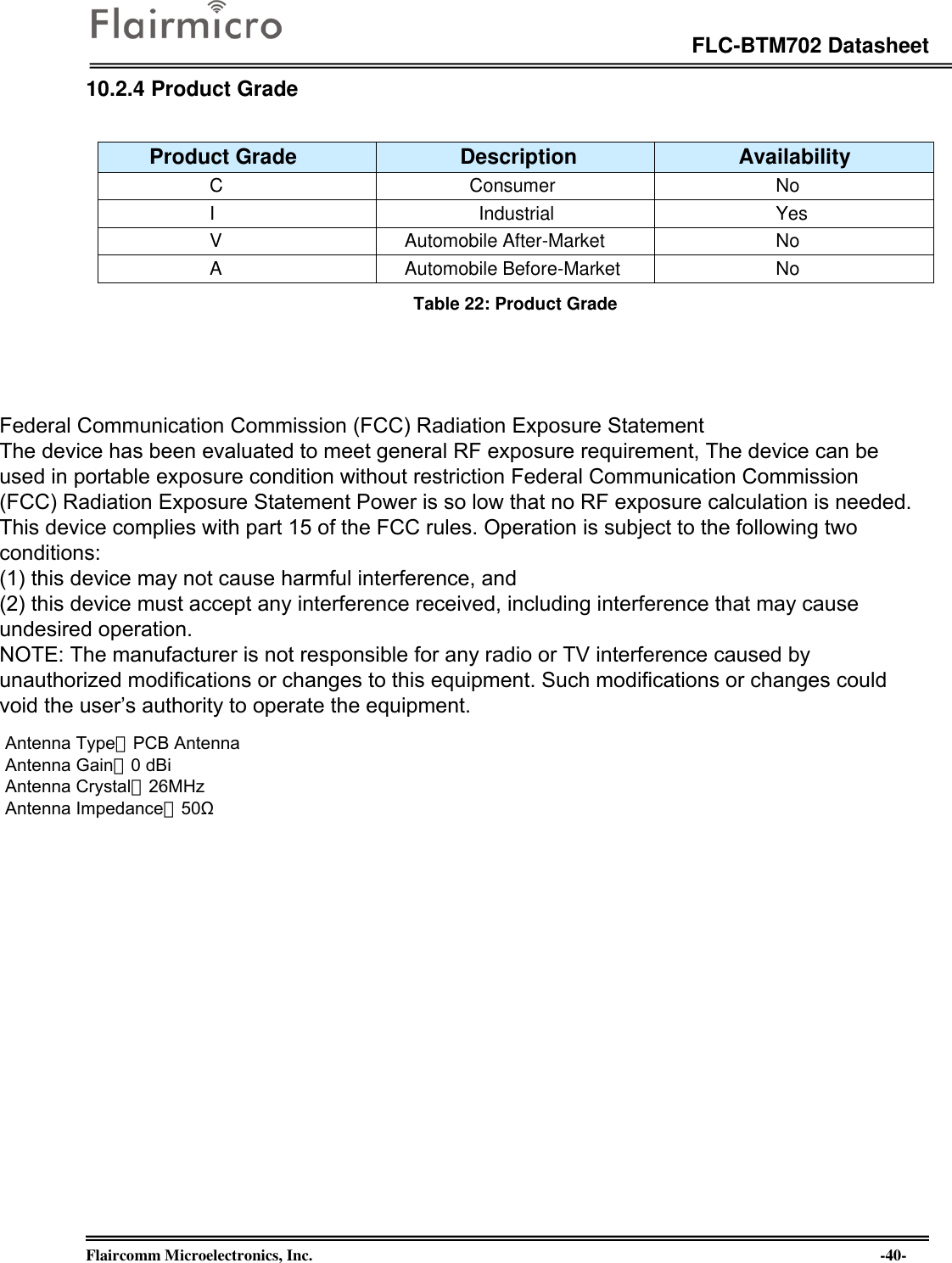 Page 40 of Flaircomm Microelectronics BTM702A Bluetooth Module  BT5.0 User Manual