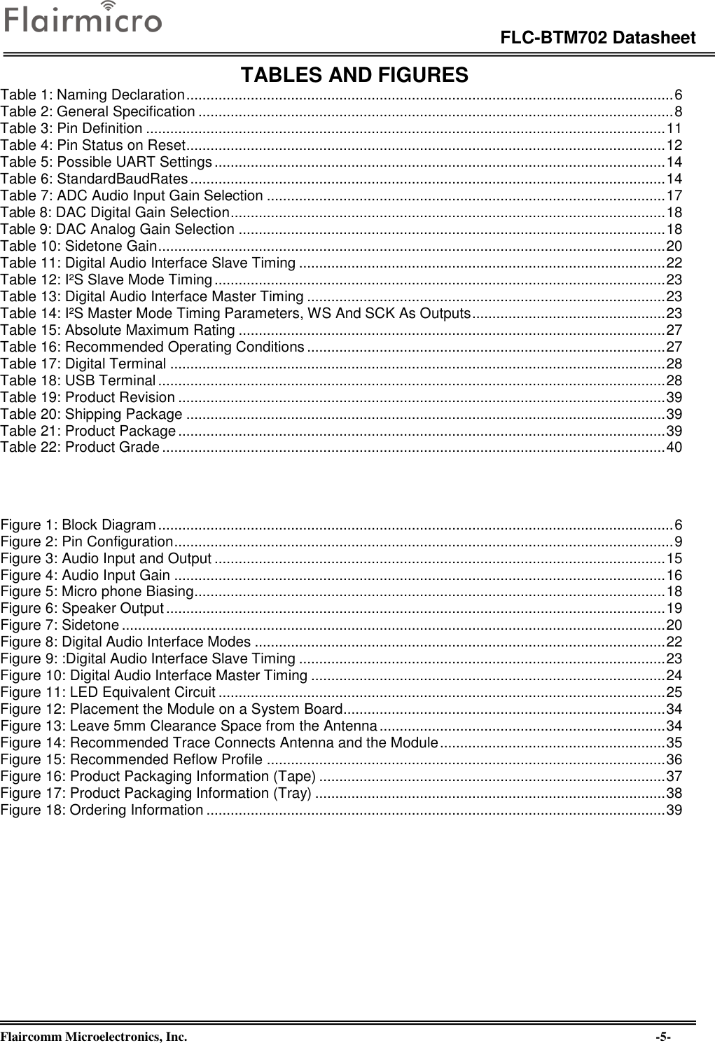 Page 5 of Flaircomm Microelectronics BTM702A Bluetooth Module  BT5.0 User Manual