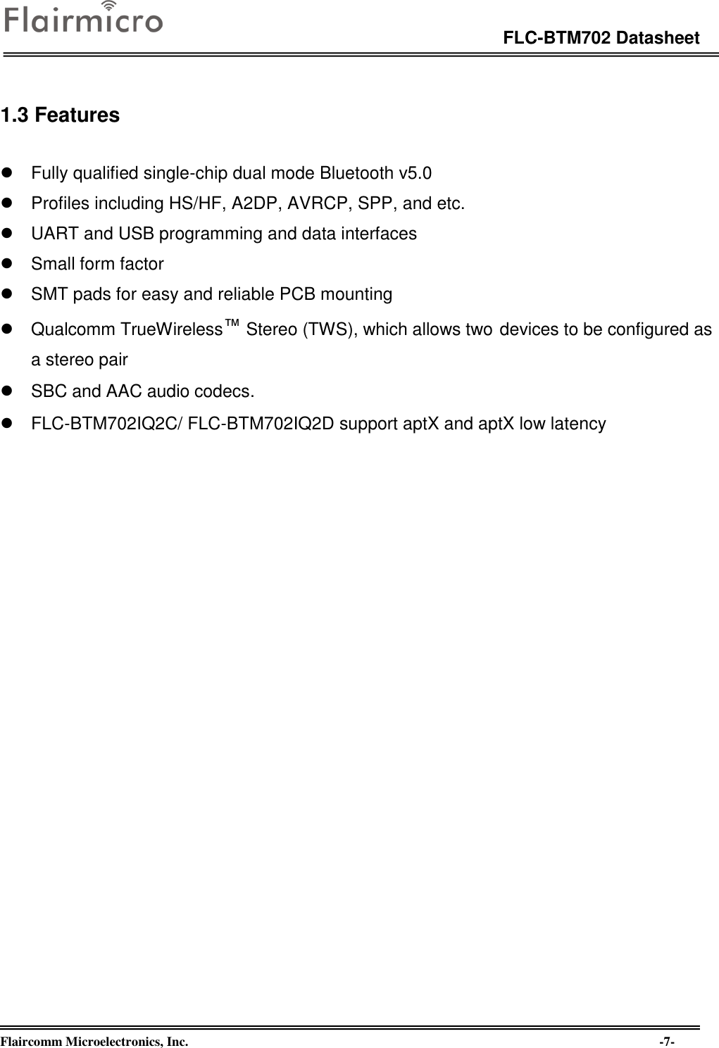 Page 7 of Flaircomm Microelectronics BTM702A Bluetooth Module  BT5.0 User Manual