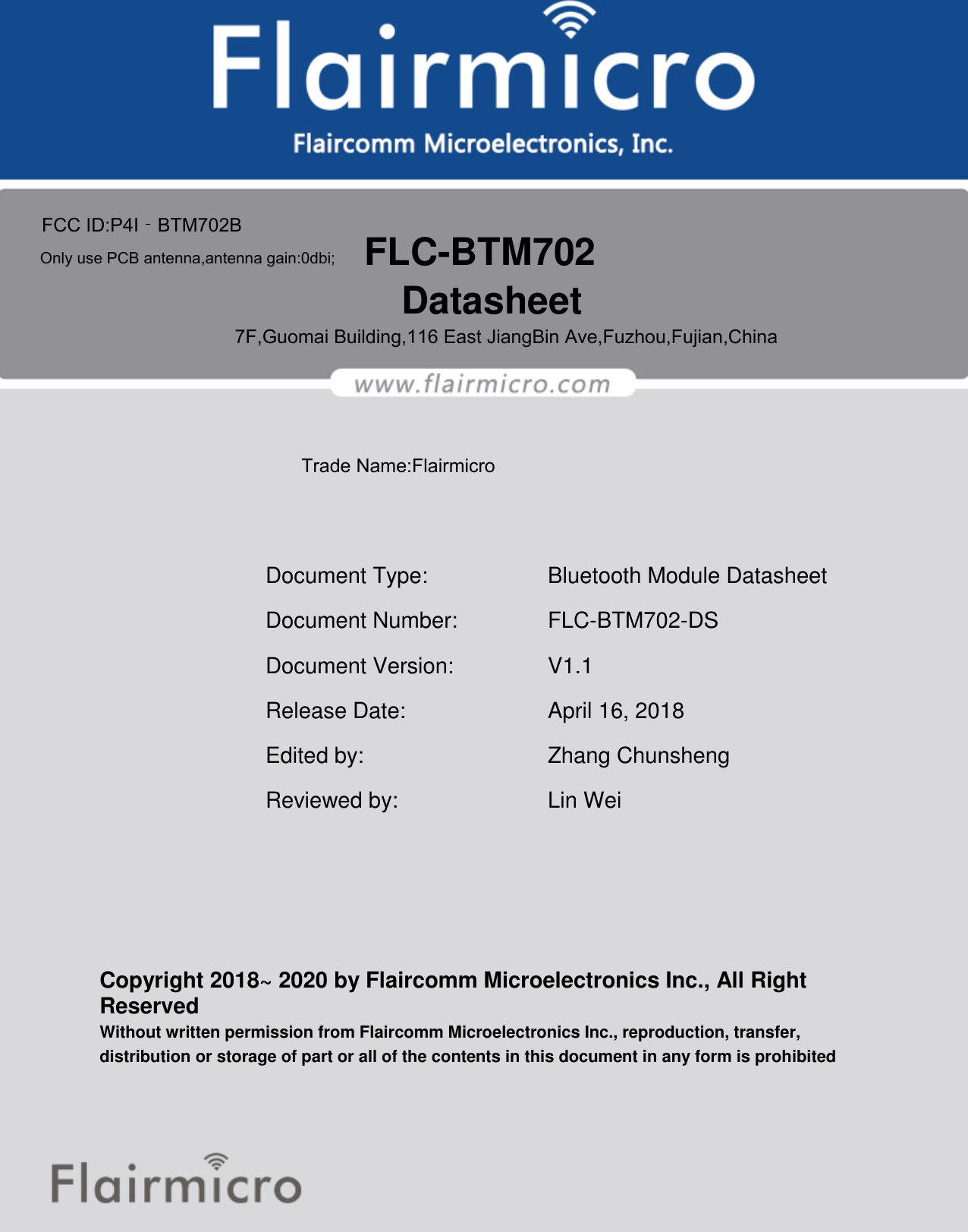 Page 1 of Flaircomm Microelectronics BTM702B Bluetooth Module BT5.0 User Manual