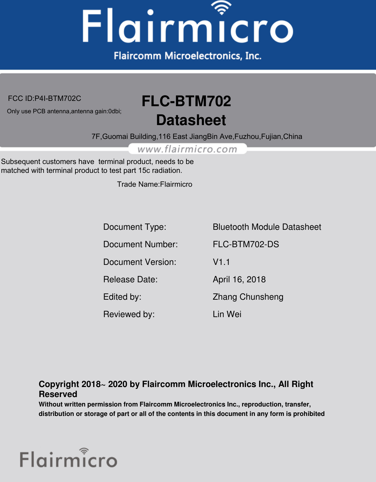 Page 1 of Flaircomm Microelectronics BTM702C Bluetooth Module  BT5.0 User Manual revised1219