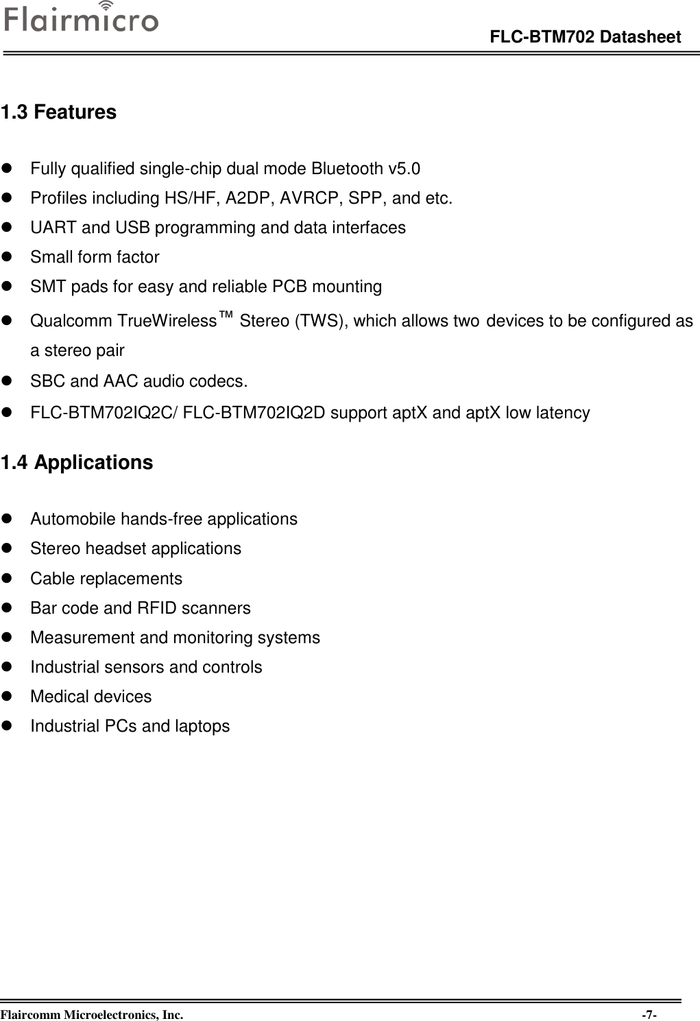 Page 7 of Flaircomm Microelectronics BTM702C Bluetooth Module  BT5.0 User Manual revised1219