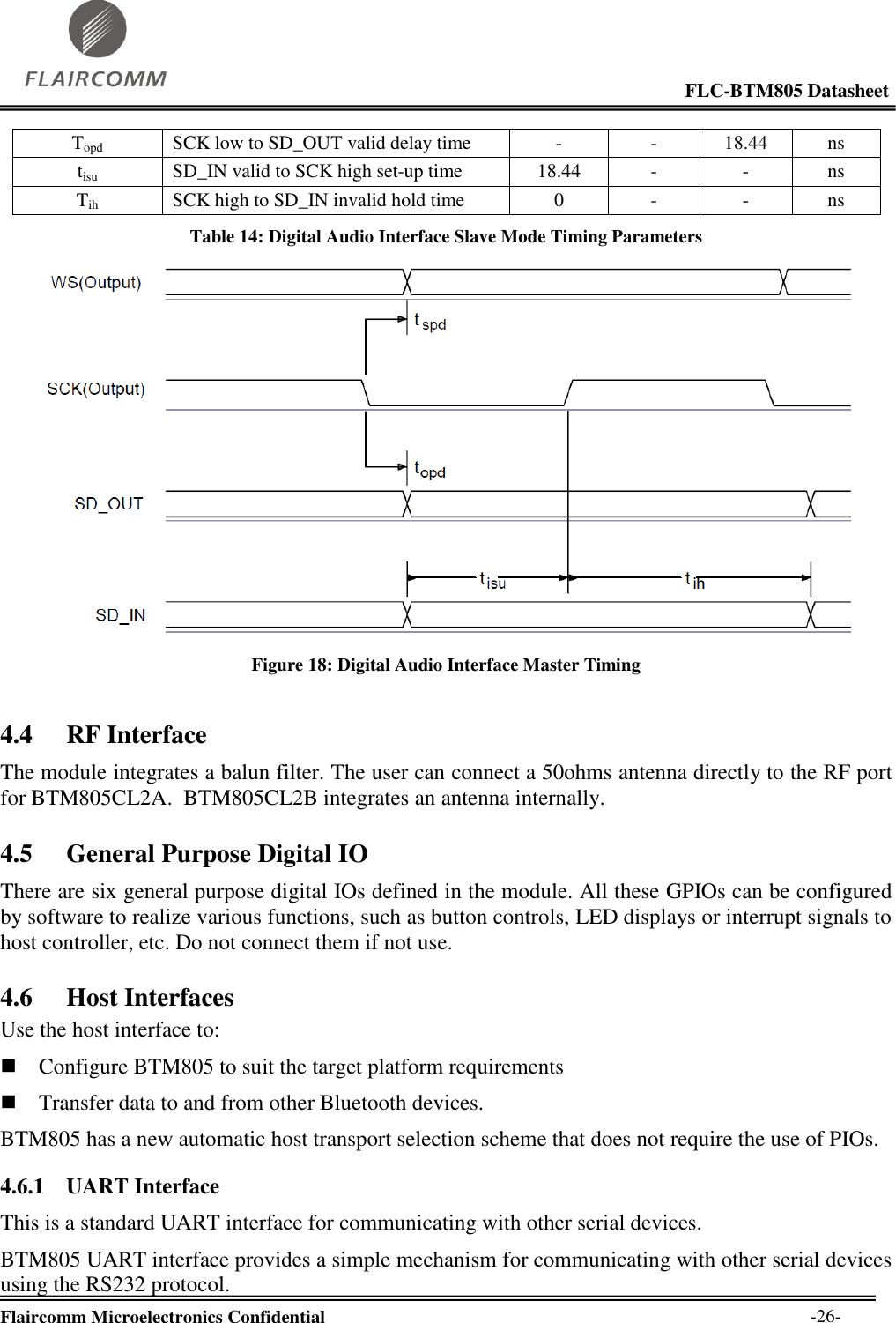                                                                                                            FLC-BTM805 Datasheet  Flaircomm Microelectronics Confidential        -26- Topd SCK low to SD_OUT valid delay time - - 18.44 ns tisu SD_IN valid to SCK high set-up time 18.44 - - ns Tih SCK high to SD_IN invalid hold time 0 - - ns Table 14: Digital Audio Interface Slave Mode Timing Parameters  Figure 18: Digital Audio Interface Master Timing 4.4 RF Interface The module integrates a balun filter. The user can connect a 50ohms antenna directly to the RF port for BTM805CL2A.  BTM805CL2B integrates an antenna internally.   4.5 General Purpose Digital IO There are six general purpose digital IOs defined in the module. All these GPIOs can be configured by software to realize various functions, such as button controls, LED displays or interrupt signals to host controller, etc. Do not connect them if not use. 4.6 Host Interfaces Use the host interface to:  Configure BTM805 to suit the target platform requirements  Transfer data to and from other Bluetooth devices. BTM805 has a new automatic host transport selection scheme that does not require the use of PIOs. 4.6.1 UART Interface This is a standard UART interface for communicating with other serial devices.  BTM805 UART interface provides a simple mechanism for communicating with other serial devices using the RS232 protocol. 