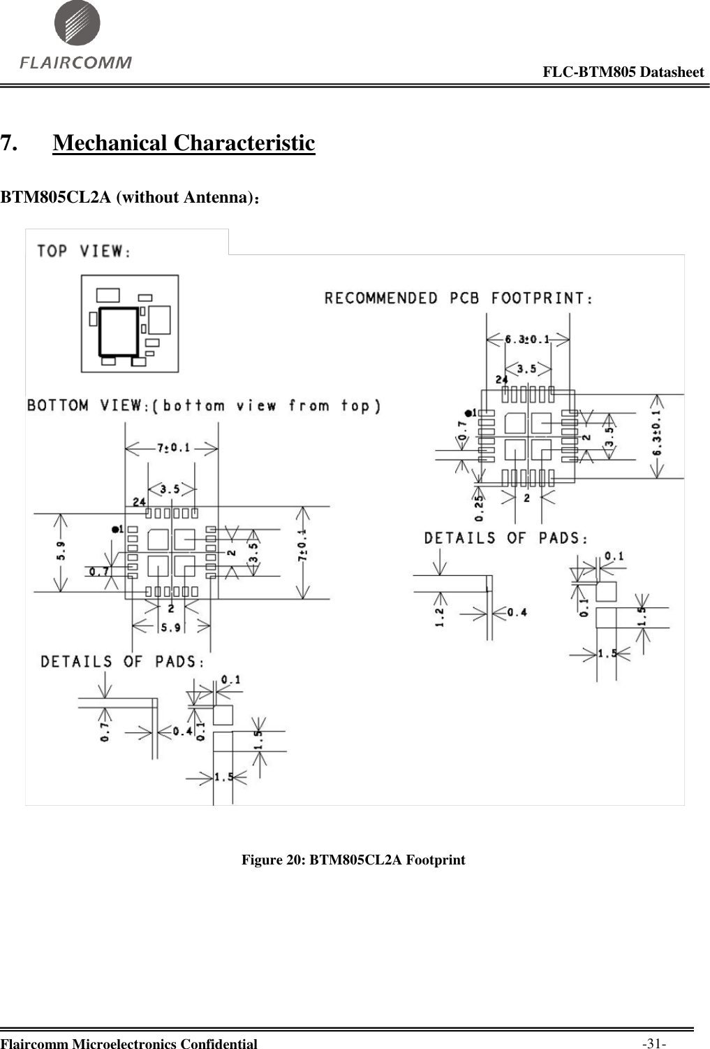                                                                                                            FLC-BTM805 Datasheet  Flaircomm Microelectronics Confidential        -31- 7. Mechanical Characteristic  BTM805CL2A (without Antenna)：     Figure 20: BTM805CL2A Footprint          