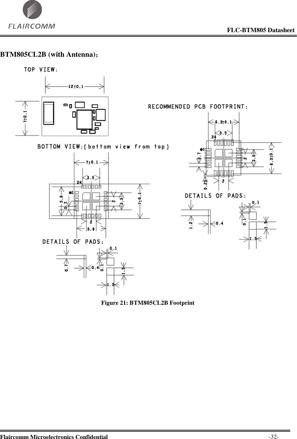                                                                                                            FLC-BTM805 Datasheet  Flaircomm Microelectronics Confidential        -32-  BTM805CL2B (with Antenna)：   Figure 21: BTM805CL2B Footprint  