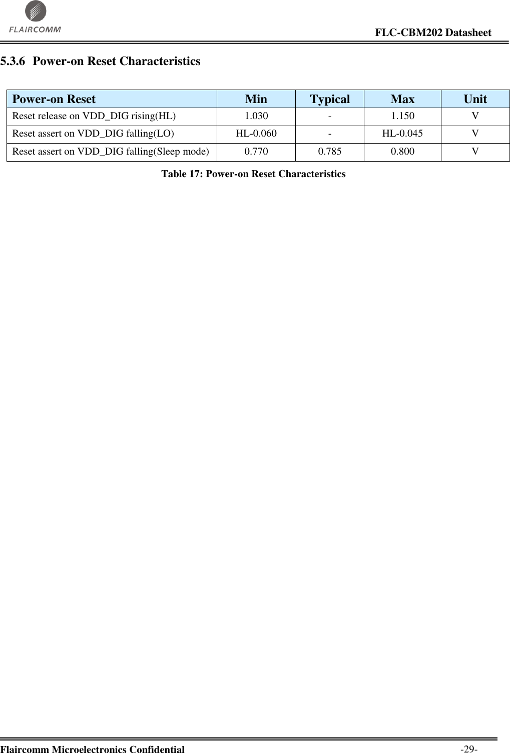                                                                                                                     FLC-CBM202 Datasheet  Flaircomm Microelectronics Confidential        -29- 5.3.6 Power-on Reset Characteristics  Power-on Reset Min Typical Max Unit Reset release on VDD_DIG rising(HL) 1.030 - 1.150 V Reset assert on VDD_DIG falling(LO) HL-0.060 - HL-0.045 V Reset assert on VDD_DIG falling(Sleep mode) 0.770 0.785 0.800 V Table 17: Power-on Reset Characteristics 