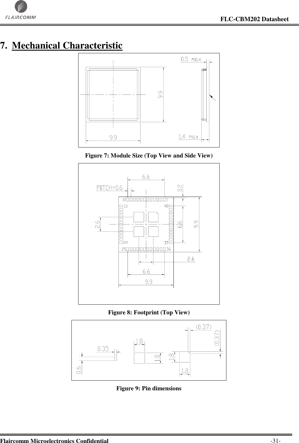                                                                                                                     FLC-CBM202 Datasheet  Flaircomm Microelectronics Confidential        -31- 7. Mechanical Characteristic  Figure 7: Module Size (Top View and Side View)  Figure 8: Footprint (Top View)  Figure 9: Pin dimensions 