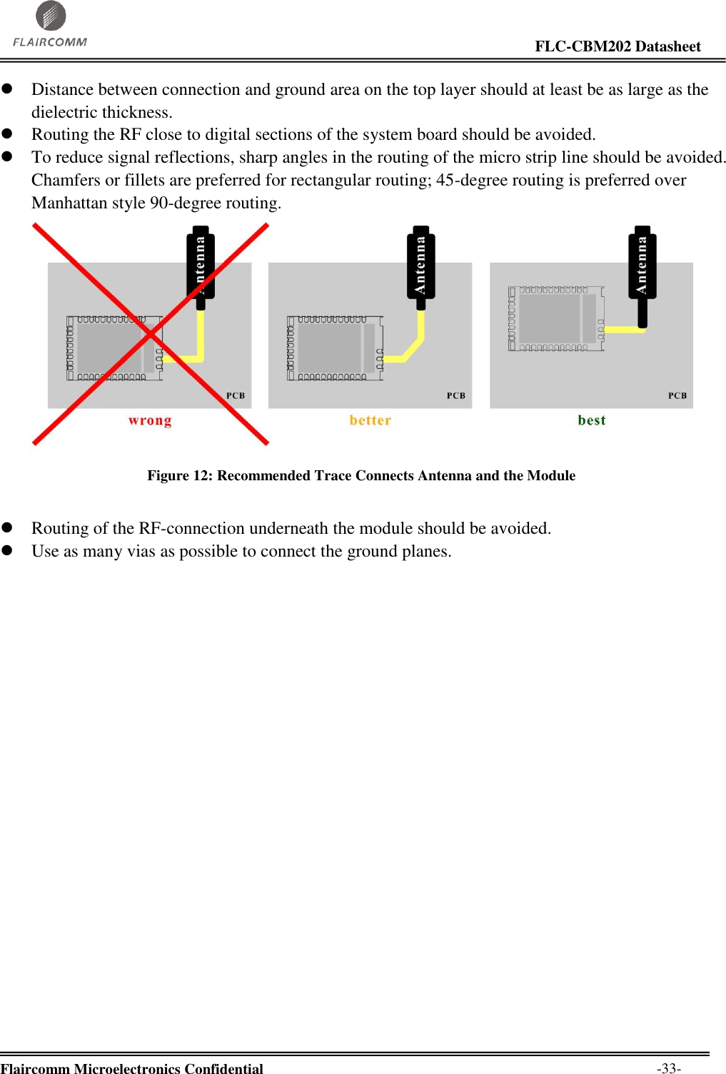                                                                                                                     FLC-CBM202 Datasheet  Flaircomm Microelectronics Confidential        -33-  Distance between connection and ground area on the top layer should at least be as large as the dielectric thickness.  Routing the RF close to digital sections of the system board should be avoided.  To reduce signal reflections, sharp angles in the routing of the micro strip line should be avoided. Chamfers or fillets are preferred for rectangular routing; 45-degree routing is preferred over Manhattan style 90-degree routing.  Figure 12: Recommended Trace Connects Antenna and the Module   Routing of the RF-connection underneath the module should be avoided.   Use as many vias as possible to connect the ground planes. 