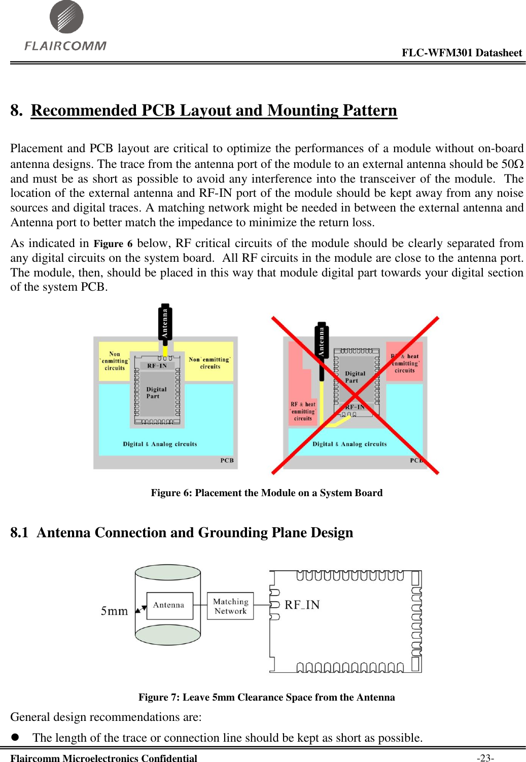                                                                                                           FLC-WFM301 Datasheet  Flaircomm Microelectronics Confidential        -23- 8. Recommended PCB Layout and Mounting Pattern  Placement and PCB layout are critical to optimize the performances of a module without on-board antenna designs. The trace from the antenna port of the module to an external antenna should be 50 and must be as short as possible to avoid any interference into the transceiver of the module.  The location of the external antenna and RF-IN port of the module should be kept away from any noise sources and digital traces. A matching network might be needed in between the external antenna and Antenna port to better match the impedance to minimize the return loss. As indicated in Figure 6 below, RF critical circuits of the module should be clearly separated from any digital circuits on the system board.  All RF circuits in the module are close to the antenna port.  The module, then, should be placed in this way that module digital part towards your digital section of the system PCB.   Figure 6: Placement the Module on a System Board 8.1 Antenna Connection and Grounding Plane Design   Figure 7: Leave 5mm Clearance Space from the Antenna General design recommendations are:  The length of the trace or connection line should be kept as short as possible. 