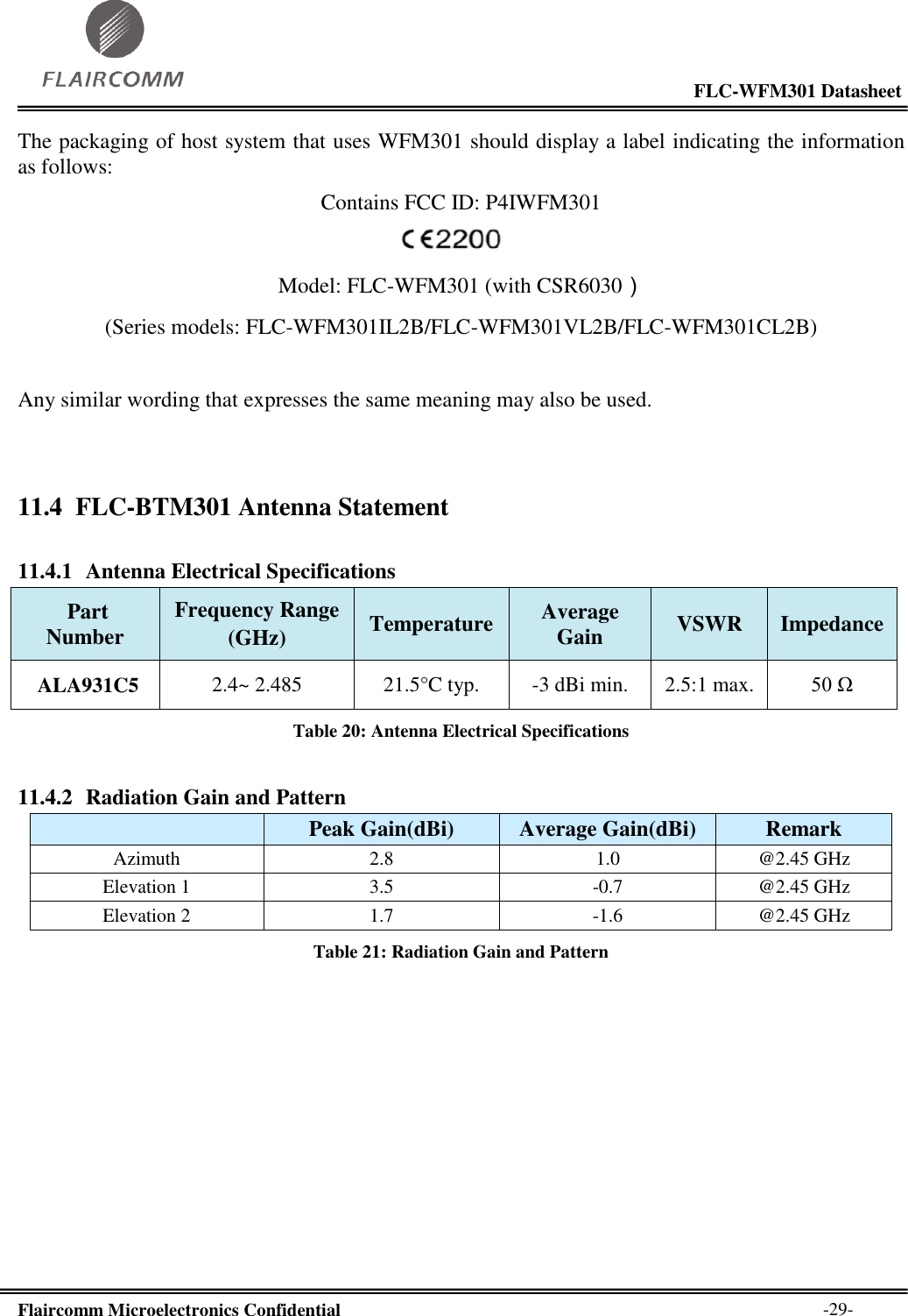                                                                                                           FLC-WFM301 Datasheet  Flaircomm Microelectronics Confidential        -29- The packaging of host system that uses WFM301 should display a label indicating the information as follows: Contains FCC ID: P4IWFM301  Model: FLC-WFM301 (with CSR6030） (Series models: FLC-WFM301IL2B/FLC-WFM301VL2B/FLC-WFM301CL2B)            Any similar wording that expresses the same meaning may also be used.  11.4 FLC-BTM301 Antenna Statement  11.4.1 Antenna Electrical Specifications   Part Number  Frequency Range  (GHz)  Temperature Average Gain  VSWR  Impedance   ALA931C5  2.4~ 2.485  21.5°C typ.  -3 dBi min.  2.5:1 max.  50 Ω  Table 20: Antenna Electrical Specifications  11.4.2 Radiation Gain and Pattern   Peak Gain(dBi) Average Gain(dBi) Remark Azimuth 2.8 1.0 @2.45 GHz Elevation 1 3.5 -0.7 @2.45 GHz Elevation 2 1.7 -1.6 @2.45 GHz Table 21: Radiation Gain and Pattern   