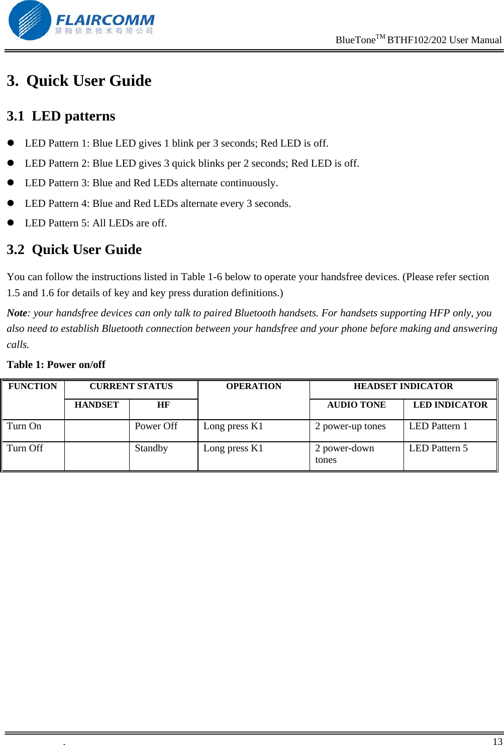                                                                     BlueToneTM BTHF102/202 User Manual   .       13    3. Quick User Guide 3.1 LED patterns z LED Pattern 1: Blue LED gives 1 blink per 3 seconds; Red LED is off. z LED Pattern 2: Blue LED gives 3 quick blinks per 2 seconds; Red LED is off. z LED Pattern 3: Blue and Red LEDs alternate continuously. z LED Pattern 4: Blue and Red LEDs alternate every 3 seconds. z LED Pattern 5: All LEDs are off. 3.2 Quick User Guide You can follow the instructions listed in Table 1-6 below to operate your handsfree devices. (Please refer section 1.5 and 1.6 for details of key and key press duration definitions.) Note: your handsfree devices can only talk to paired Bluetooth handsets. For handsets supporting HFP only, you also need to establish Bluetooth connection between your handsfree and your phone before making and answering calls. Table 1: Power on/off CURRENT STATUS  HEADSET INDICATOR FUNCTION HANDSET HF OPERATION AUDIO TONE  LED INDICATORTurn On    Power Off  Long press K1  2 power-up tones  LED Pattern 1 Turn Off    Standby  Long press K1  2 power-down tones  LED Pattern 5  