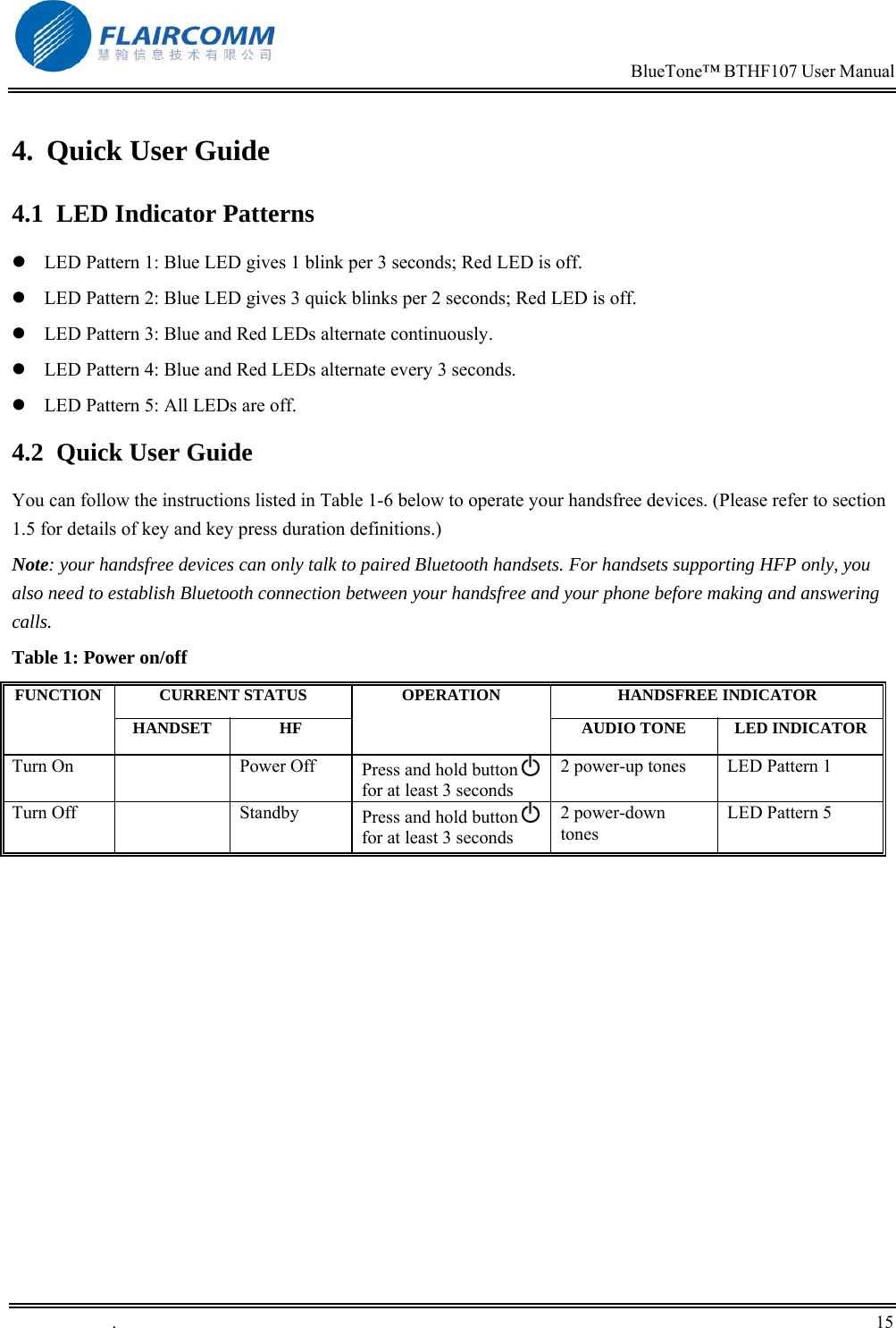                                                                            BlueTone&trade; BTHF107 User Manual   .       15    4. Quick User Guide 4.1  LED Indicator Patterns  LED Pattern 1: Blue LED gives 1 blink per 3 seconds; Red LED is off.  LED Pattern 2: Blue LED gives 3 quick blinks per 2 seconds; Red LED is off.  LED Pattern 3: Blue and Red LEDs alternate continuously.  LED Pattern 4: Blue and Red LEDs alternate every 3 seconds.  LED Pattern 5: All LEDs are off. 4.2 Quick User Guide You can follow the instructions listed in Table 1-6 below to operate your handsfree devices. (Please refer to section 1.5 for details of key and key press duration definitions.) Note: your handsfree devices can only talk to paired Bluetooth handsets. For handsets supporting HFP only, you also need to establish Bluetooth connection between your handsfree and your phone before making and answering calls. Table 1: Power on/off CURRENT STATUS  HANDSFREE INDICATOR FUNCTION HANDSET HF OPERATION AUDIO TONE  LED INDICATORTurn On    Power Off  Press and hold button   for at least 3 seconds 2 power-up tones  LED Pattern 1 Turn Off    Standby  Press and hold button   for at least 3 seconds 2 power-down tones LED Pattern 5 