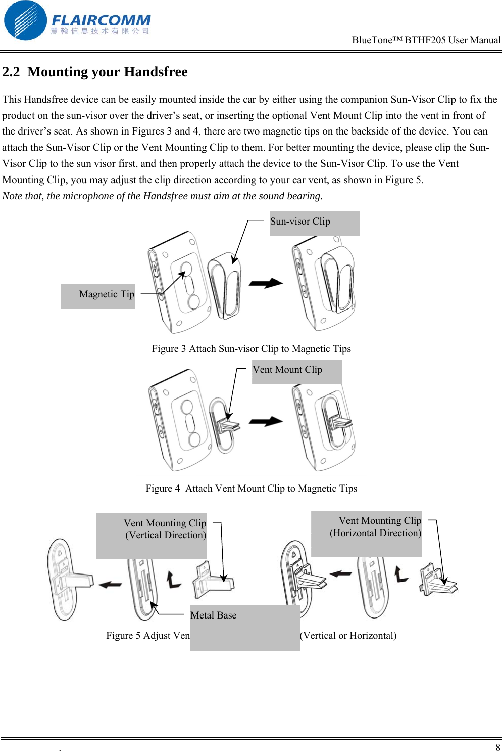                                                                           BlueTone&trade; BTHF205 User Manual   .       8    2.2  Mounting your Handsfree This Handsfree device can be easily mounted inside the car by either using the companion Sun-Visor Clip to fix the product on the sun-visor over the driver&rsquo;s seat, or inserting the optional Vent Mount Clip into the vent in front of the driver&rsquo;s seat. As shown in Figures 3 and 4, there are two magnetic tips on the backside of the device. You can attach the Sun-Visor Clip or the Vent Mounting Clip to them. For better mounting the device, please clip the Sun-Visor Clip to the sun visor first, and then properly attach the device to the Sun-Visor Clip. To use the Vent Mounting Clip, you may adjust the clip direction according to your car vent, as shown in Figure 5. Note that, the microphone of the Handsfree must aim at the sound bearing.    Figure 3 Attach Sun-visor Clip to Magnetic Tips  Figure 4  Attach Vent Mount Clip to Magnetic Tips                   Figure 5 Adjust Vent Mounting Clip Direction (Vertical or Horizontal) Magnetic TipSun-visor Clip Vent Mount Clip Vent Mounting Clip(Vertical Direction)Vent Mounting Clip(Horizontal Direction)Metal Base 