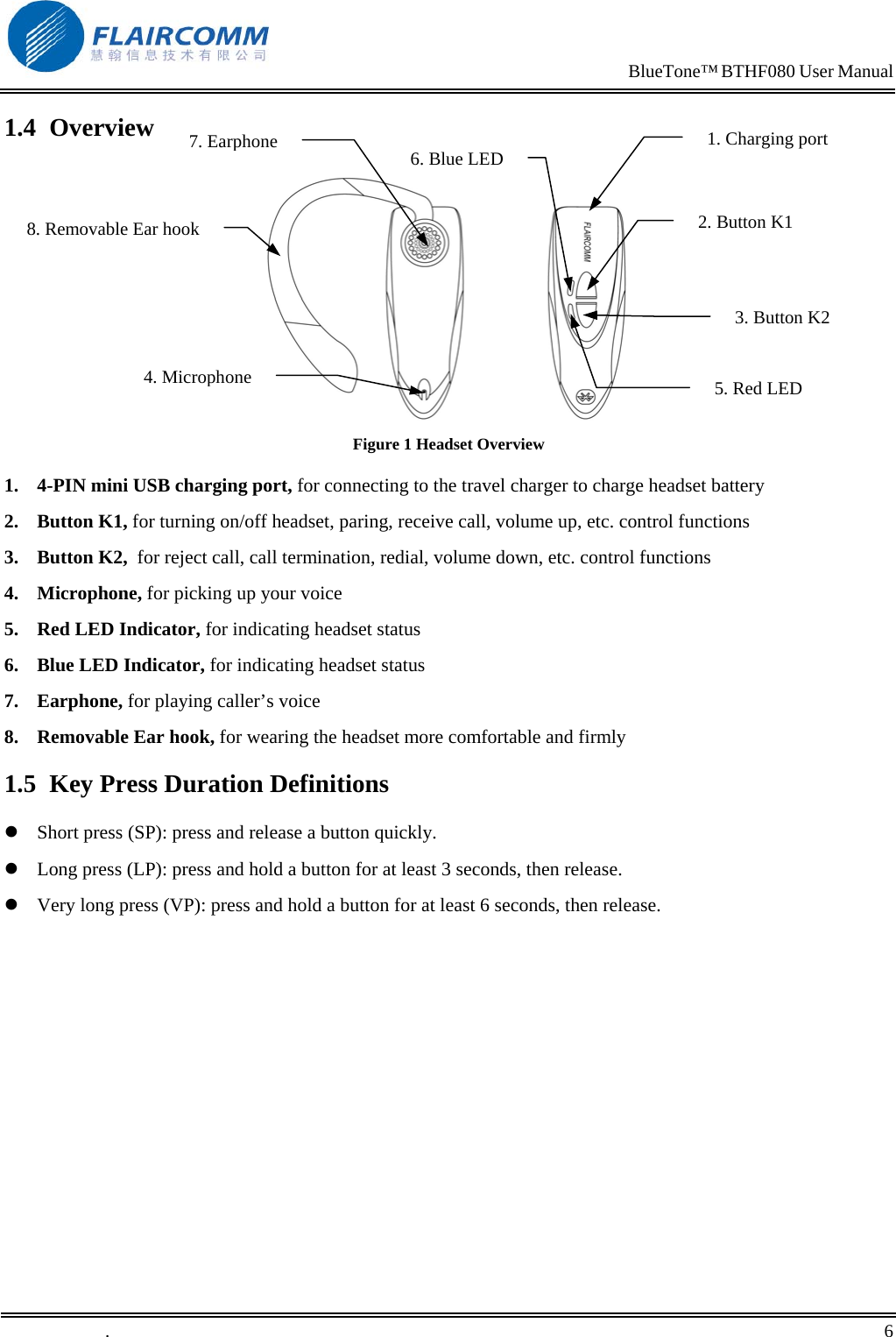                                                                            BlueTone&trade; BTHF080 User Manual   1.4 Overview 6. Blue LED8. Removable Ear hook7. Earphone 1. Charging port2. Button K1                                                   3. Button K25. Red LED4. MicrophoneFigure 1 Headset Overview 1.  4-PIN mini USB charging port, for connecting to the travel charger to charge headset battery 2. Button K1, for turning on/off headset, paring, receive call, volume up, etc. control functions  3. Button K2,  for reject call, call termination, redial, volume down, etc. control functions  4. Microphone, for picking up your voice 5.  Red LED Indicator, for indicating headset status 6.  Blue LED Indicator, for indicating headset status 7. Earphone, for playing caller&rsquo;s voice 8.  Removable Ear hook, for wearing the headset more comfortable and firmly 1.5  Key Press Duration Definitions  Short press (SP): press and release a button quickly.  Long press (LP): press and hold a button for at least 3 seconds, then release.  Very long press (VP): press and hold a button for at least 6 seconds, then release. .       6    