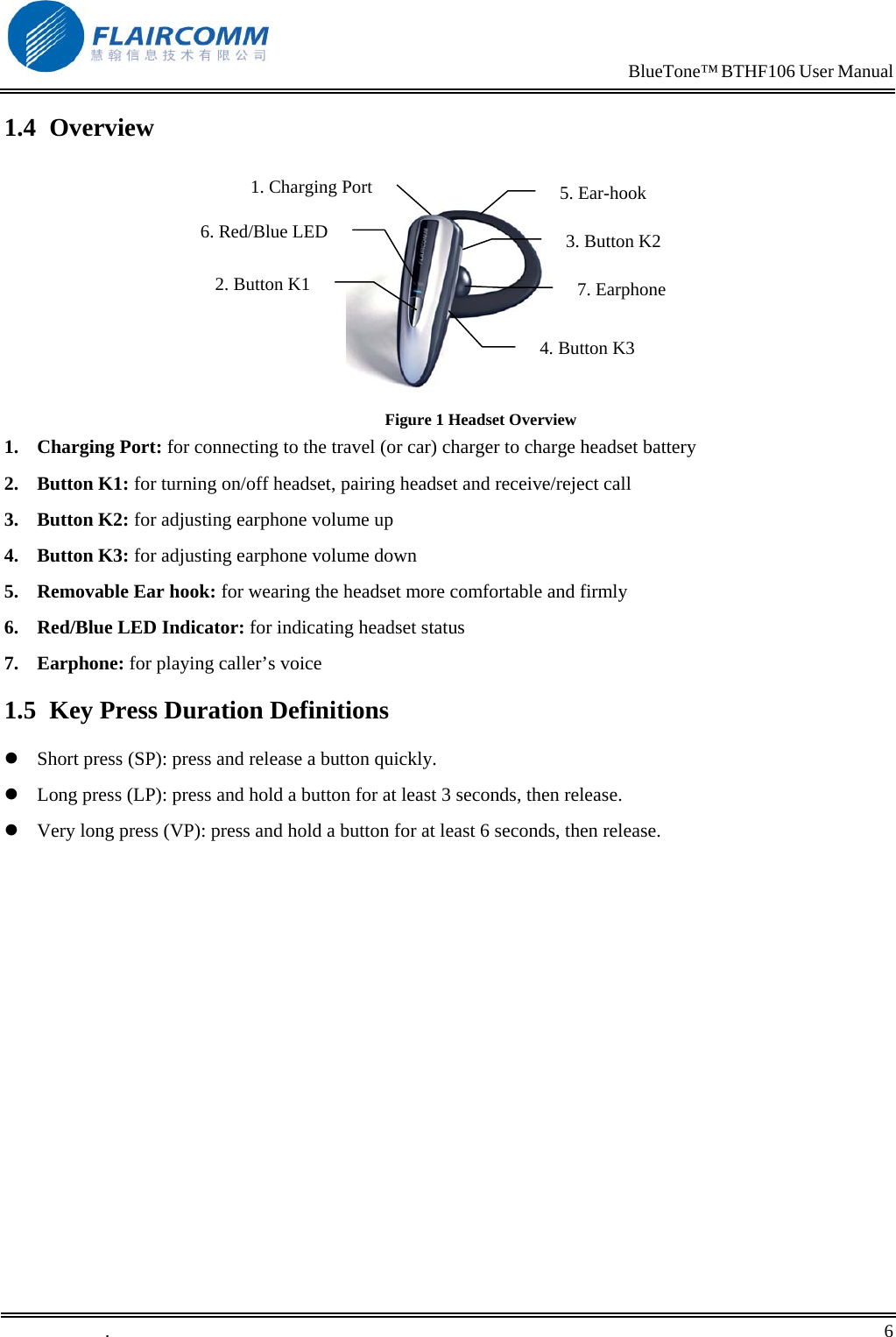                                                                           BlueTone&trade; BTHF106 User Manual   1.4 Overview    2. Button K13. Button K24. Button K31. Charging Port7. Earphone 5. Ear-hook6. Red/Blue LED                                                        Figure 1 Headset Overview 1. Charging Port: for connecting to the travel (or car) charger to charge headset battery 2. Button K1: for turning on/off headset, pairing headset and receive/reject call 3. Button K2: for adjusting earphone volume up 4. Button K3: for adjusting earphone volume down 5.  Removable Ear hook: for wearing the headset more comfortable and firmly 6.  Red/Blue LED Indicator: for indicating headset status 7. Earphone: for playing caller&rsquo;s voice 1.5  Key Press Duration Definitions  Short press (SP): press and release a button quickly.  Long press (LP): press and hold a button for at least 3 seconds, then release.  Very long press (VP): press and hold a button for at least 6 seconds, then release. .       6    