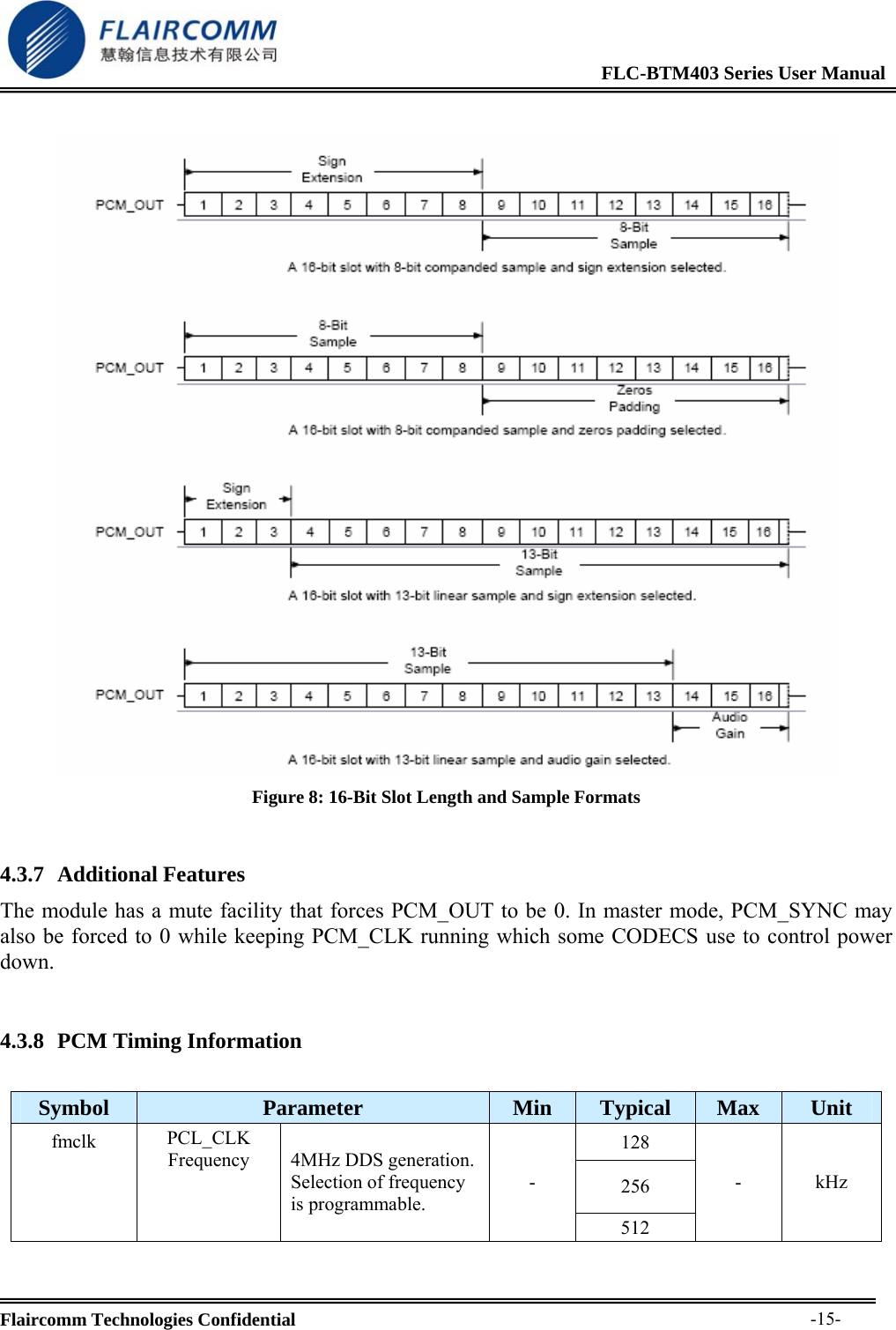                                                              FLC-BTM403 Series User Manual  Flaircomm Technologies Confidential     -15-  Figure 8: 16-Bit Slot Length and Sample Formats  4.3.7 Additional Features The module has a mute facility that forces PCM_OUT to be 0. In master mode, PCM_SYNC may also be forced to 0 while keeping PCM_CLK running which some CODECS use to control power down.  4.3.8 PCM Timing Information  Symbol  Parameter  Min  Typical  Max  Unit 128 256 fmclk  PCL_CLK Frequency  4MHz DDS generation. Selection of frequency is programmable. - 512 - kHz 