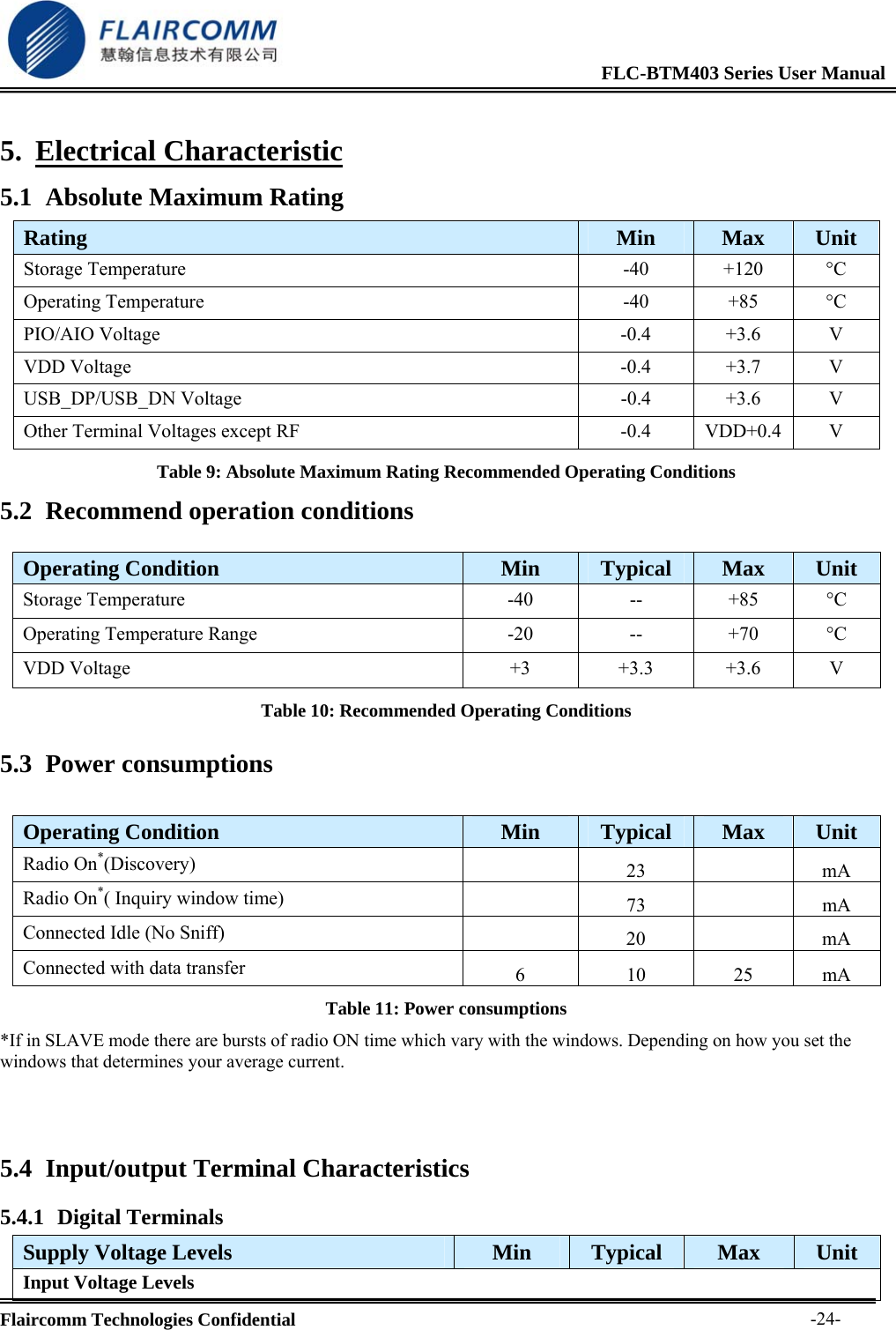                                                              FLC-BTM403 Series User Manual  Flaircomm Technologies Confidential     -24-5. Electrical Characteristic 5.1 Absolute Maximum Rating Table 9: Absolute Maximum Rating Recommended Operating Conditions 5.2 Recommend operation conditions  Operating Condition  Min  Typical  Max  Unit Storage Temperature  -40  --  +85  &deg;C Operating Temperature Range  -20  --  +70  &deg;C VDD Voltage  +3  +3.3  +3.6  V Table 10: Recommended Operating Conditions 5.3 Power consumptions  Operating Condition  Min  Typical  Max  Unit Radio On*(Discovery)    23    mA Radio On*( Inquiry window time)   73  mA Connected Idle (No Sniff)    20    mA Connected with data transfer  6 10 25 mA Table 11: Power consumptions *If in SLAVE mode there are bursts of radio ON time which vary with the windows. Depending on how you set the windows that determines your average current.   5.4 Input/output Terminal Characteristics 5.4.1 Digital Terminals Supply Voltage Levels  Min  Typical  Max  Unit Input Voltage Levels Rating  Min  Max  Unit Storage Temperature  -40  +120  &deg;C Operating Temperature  -40  +85  &deg;C PIO/AIO Voltage  -0.4  +3.6  V VDD Voltage  -0.4  +3.7  V USB_DP/USB_DN Voltage  -0.4  +3.6  V Other Terminal Voltages except RF  -0.4  VDD+0.4  V 