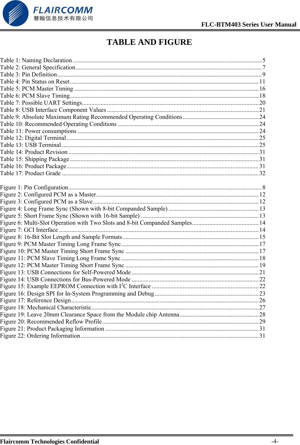                                                              FLC-BTM403 Series User Manual  Flaircomm Technologies Confidential     -4-TABLE AND FIGURE  Table 1: Naming Declaration ..........................................................................................................................5 Table 2: General Specification........................................................................................................................7 Table 3: Pin Definition....................................................................................................................................9 Table 4: Pin Status on Reset.......................................................................................................................... 11 Table 5: PCM Master Timing ....................................................................................................................... 16 Table 6: PCM Slave Timing..........................................................................................................................18 Table 7: Possible UART Settings.................................................................................................................. 20 Table 8: USB Interface Component Values .................................................................................................. 21 Table 9: Absolute Maximum Rating Recommended Operating Conditions ................................................. 24 Table 10: Recommended Operating Conditions ........................................................................................... 24 Table 11: Power consumptions ..................................................................................................................... 24 Table 12: Digital Terminal............................................................................................................................25 Table 13: USB Terminal ...............................................................................................................................25 Table 14: Product Revision...........................................................................................................................31 Table 15: Shipping Package..........................................................................................................................31 Table 16: Product Package............................................................................................................................31 Table 17: Product Grade ...............................................................................................................................32  Figure 1: Pin Configuration.............................................................................................................................8 Figure 2: Configured PCM as a Master.........................................................................................................12 Figure 3: Configured PCM as a Slave........................................................................................................... 12 Figure 4: Long Frame Sync (Shown with 8-bit Companded Sample) .......................................................... 13 Figure 5: Short Frame Sync (Shown with 16-bit Sample) ............................................................................13 Figure 6: Multi-Slot Operation with Two Slots and 8-bit Companded Samples........................................... 14 Figure 7: GCI Interface ................................................................................................................................. 14 Figure 8: 16-Bit Slot Length and Sample Formats........................................................................................15 Figure 9: PCM Master Timing Long Frame Sync......................................................................................... 17 Figure 10: PCM Master Timing Short Frame Sync ......................................................................................17 Figure 11: PCM Slave Timing Long Frame Sync.........................................................................................18 Figure 12: PCM Master Timing Short Frame Sync ......................................................................................19 Figure 13: USB Connections for Self-Powered Mode ..................................................................................21 Figure 14: USB Connections for Bus-Powered Mode ..................................................................................22 Figure 15: Example EEPROM Connection with I2C Interface .....................................................................22 Figure 16: Design SPI for In-System Programming and Debug ................................................................... 23 Figure 17: Reference Design......................................................................................................................... 26 Figure 18: Mechanical Characteristic............................................................................................................27 Figure 19: Leave 20mm Clearance Space from the Module chip Antenna................................................... 28 Figure 20: Recommended Reflow Profile..................................................................................................... 29 Figure 21: Product Packaging Information ...................................................................................................31 Figure 22: Ordering Information...................................................................................................................31   