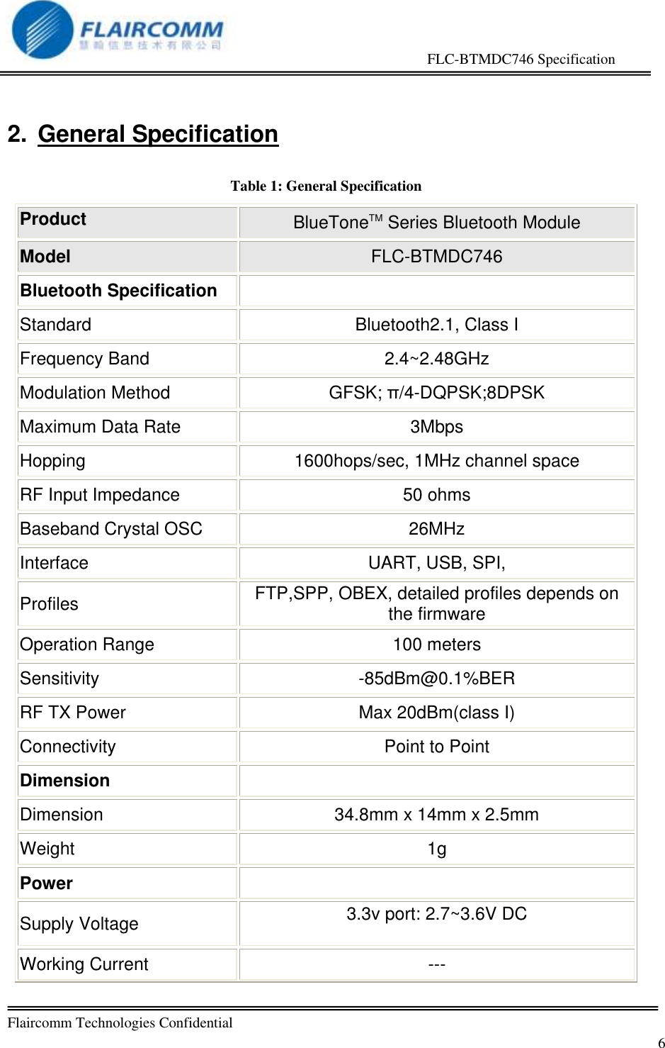                                                     FLC-BTMDC746 Specification   Flaircomm Technologies Confidential         6 2.  General Specification  Table 1: General Specification Product BlueToneTM Series Bluetooth Module Model FLC-BTMDC746 Bluetooth Specification  Standard Bluetooth2.1, Class I Frequency Band 2.4~2.48GHz Modulation Method GFSK; &pi;/4-DQPSK;8DPSK Maximum Data Rate 3Mbps  Hopping 1600hops/sec, 1MHz channel space RF Input Impedance 50 ohms Baseband Crystal OSC 26MHz Interface UART, USB, SPI,  Profiles FTP,SPP, OBEX, detailed profiles depends on the firmware Operation Range 100 meters  Sensitivity -85dBm@0.1%BER RF TX Power Max 20dBm(class I) Connectivity Point to Point Dimension  Dimension 34.8mm x 14mm x 2.5mm  Weight 1g Power  Supply Voltage 3.3v port: 2.7~3.6V DC  Working Current --- 