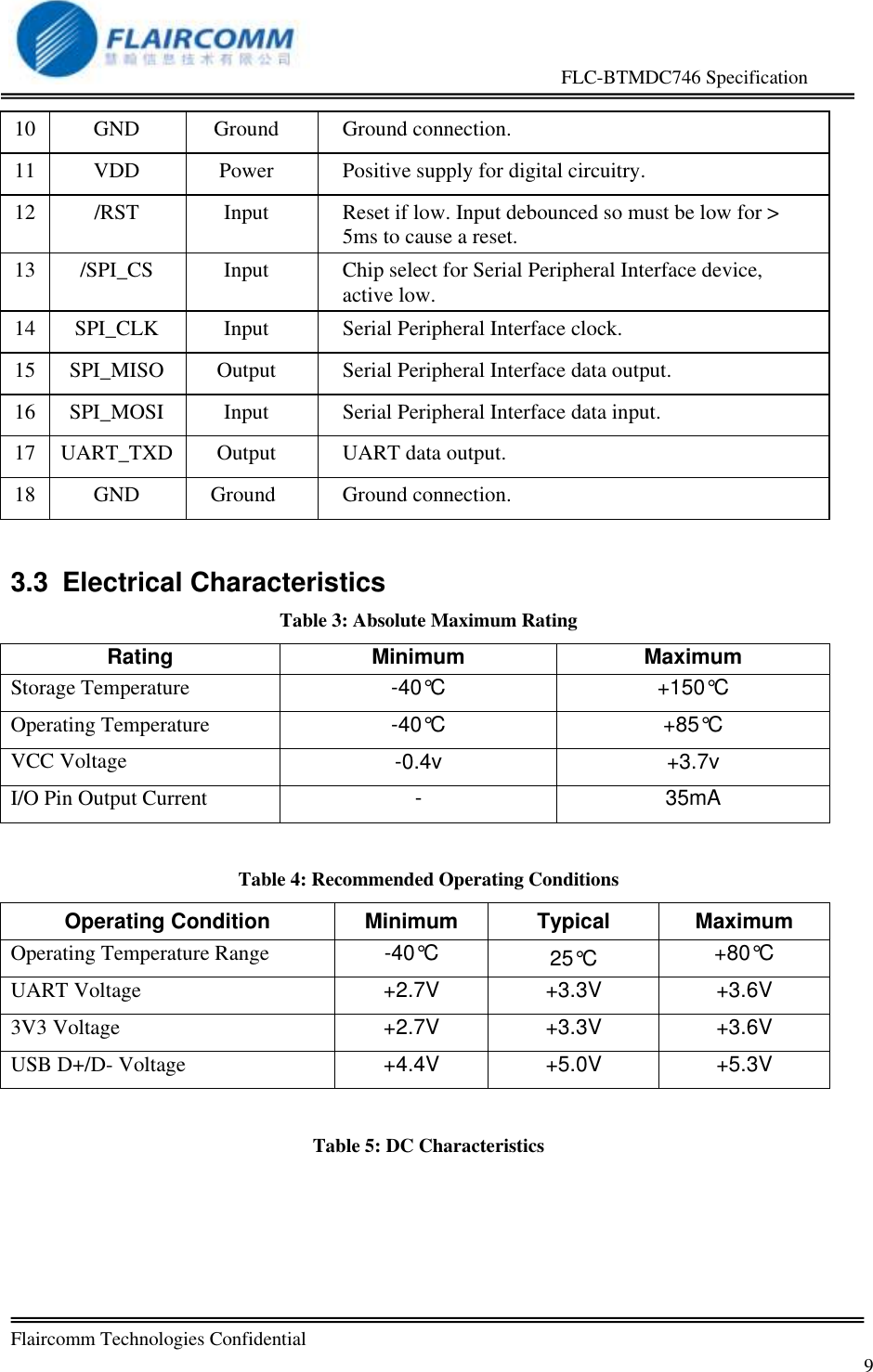                                                     FLC-BTMDC746 Specification   Flaircomm Technologies Confidential         9 10 GND Ground Ground connection. 11 VDD Power Positive supply for digital circuitry. 12 /RST Input Reset if low. Input debounced so must be low for > 5ms to cause a reset. 13 /SPI_CS Input Chip select for Serial Peripheral Interface device, active low. 14 SPI_CLK Input Serial Peripheral Interface clock. 15 SPI_MISO Output Serial Peripheral Interface data output. 16 SPI_MOSI Input Serial Peripheral Interface data input. 17 UART_TXD Output UART data output. 18 GND Ground Ground connection. 3.3  Electrical Characteristics Table 3: Absolute Maximum Rating Rating Minimum Maximum Storage Temperature -40&deg;C +150&deg;C Operating Temperature -40&deg;C +85&deg;C VCC Voltage -0.4v +3.7v I/O Pin Output Current - 35mA  Table 4: Recommended Operating Conditions Operating Condition Minimum Typical Maximum Operating Temperature Range -40&deg;C 25&deg;C +80&deg;C UART Voltage +2.7V +3.3V +3.6V 3V3 Voltage +2.7V +3.3V +3.6V USB D+/D- Voltage +4.4V +5.0V +5.3V  Table 5: DC Characteristics 